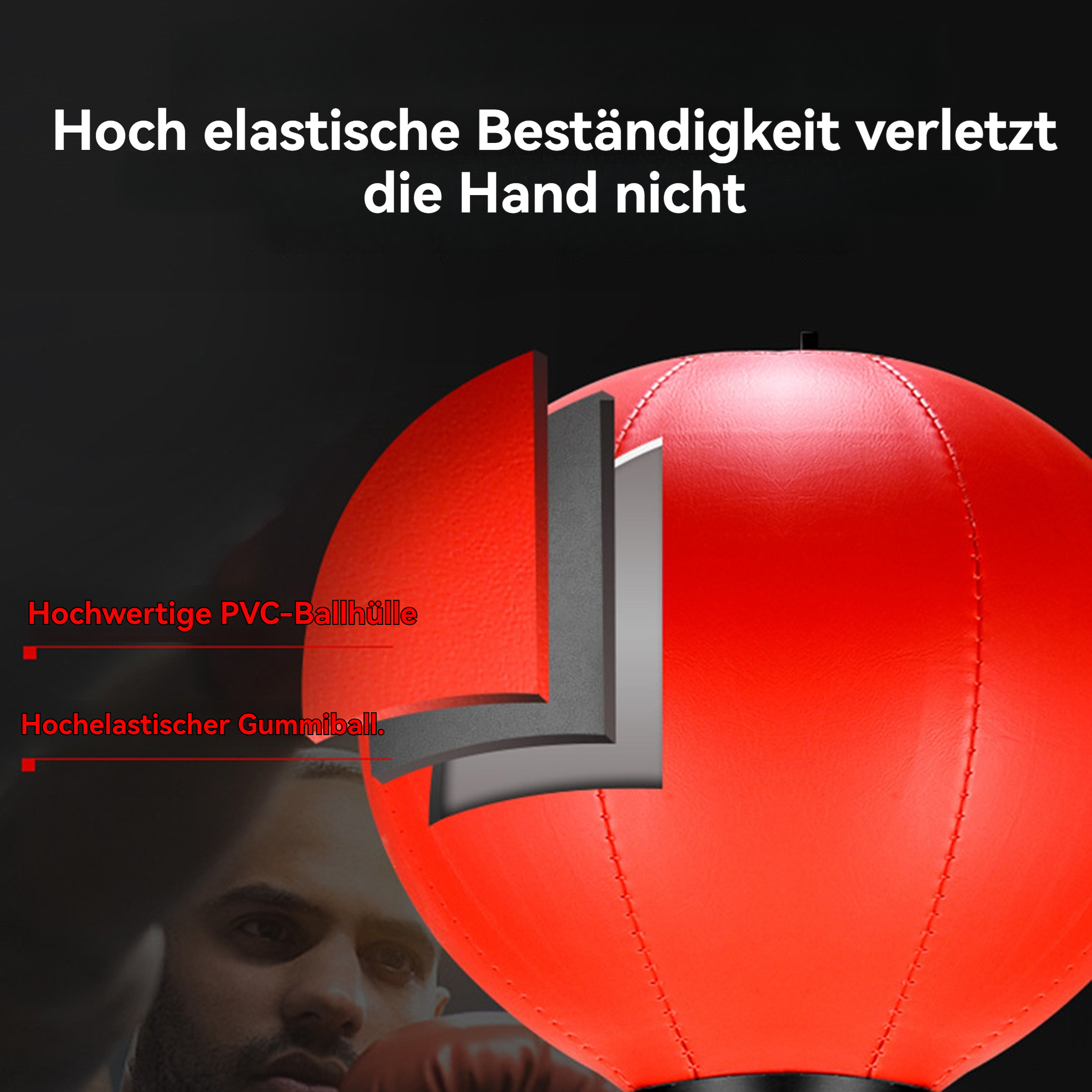 Querschnitt eines roten Boxsacks. Zeigt rotes Äußeres, graue Schicht und weißes Zentrum. Boxer in Ecke.