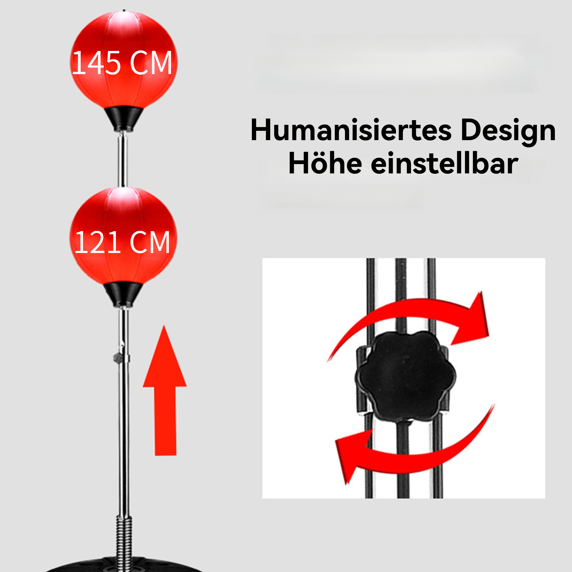 Zwei rote Boxsäcke an einer Stange. Der obere Sack ist kleiner. Einstellbare Höhe mit schwarzem Knopf.