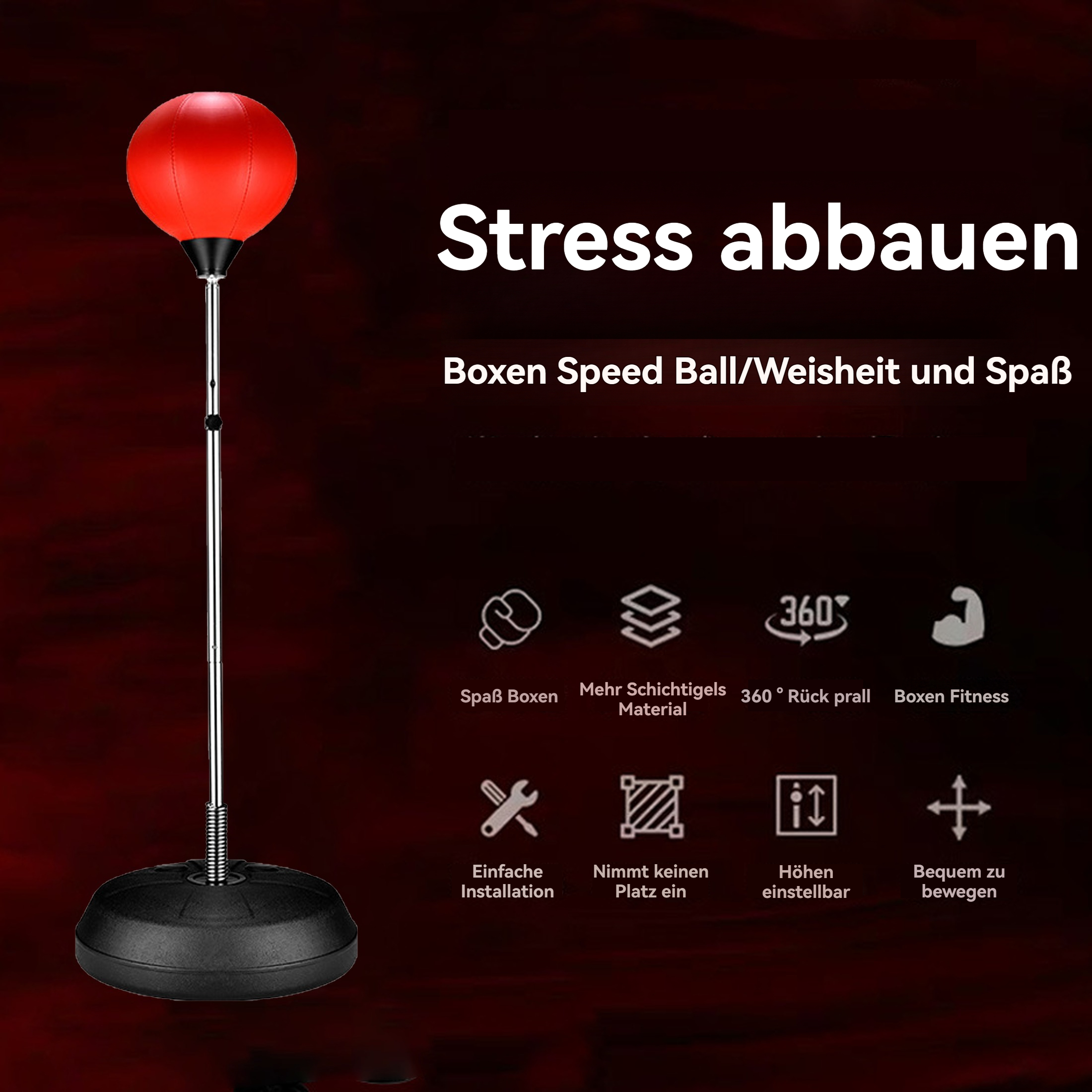 Roter Boxsack auf schwarzem Sockel. Text wirbt für Stressabbau und Box-Fitness. Symbole für Funktionen.
