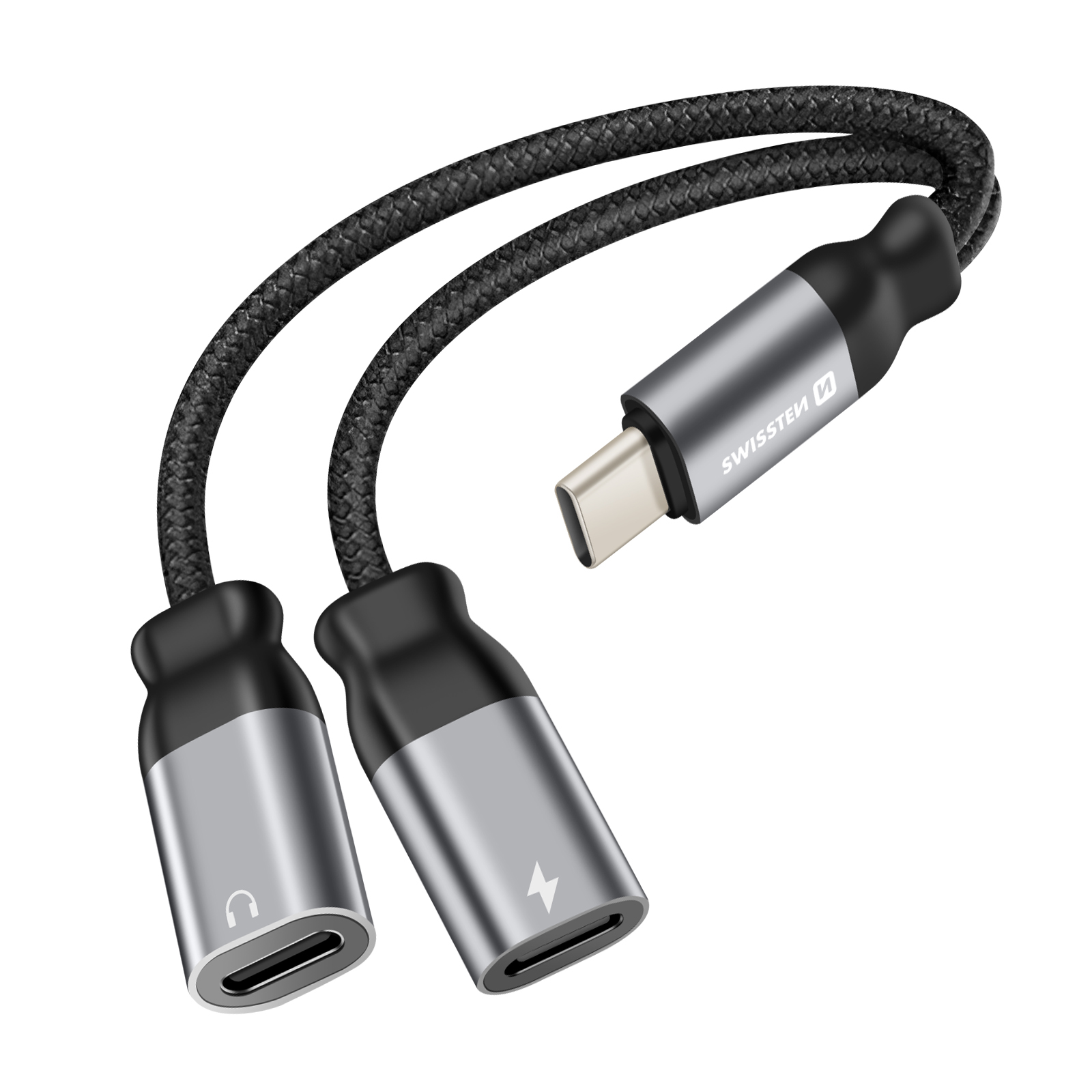 Un adattatore USB-C nero e grigio. Ha due porte USB-C e una porta di ricarica.