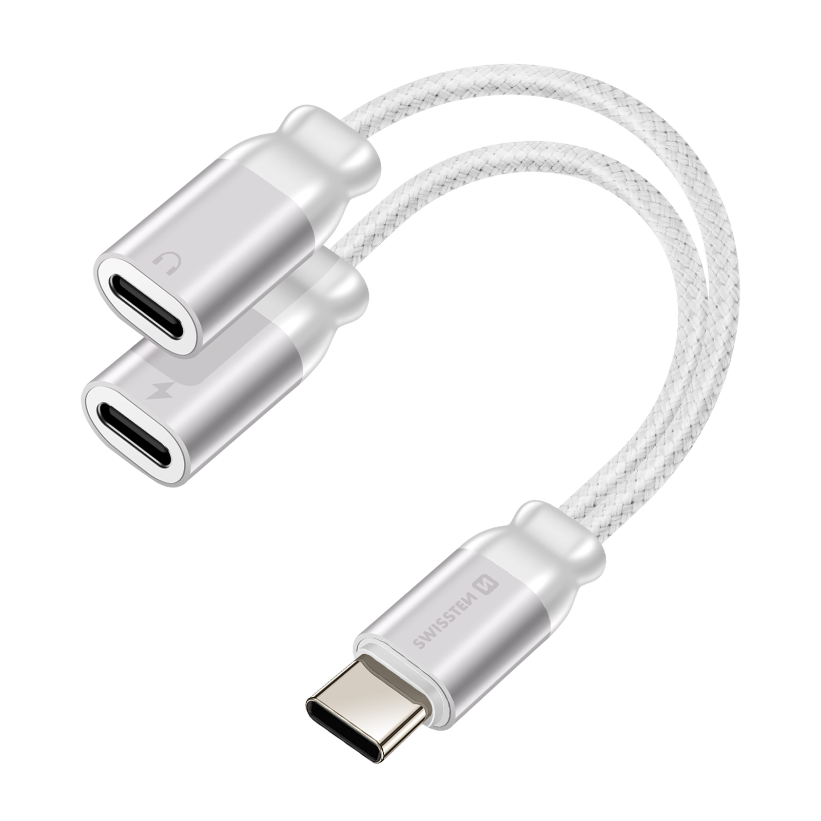 Un adattatore USB-C bianco e argento. Ha due porte USB-C e una porta di ricarica.