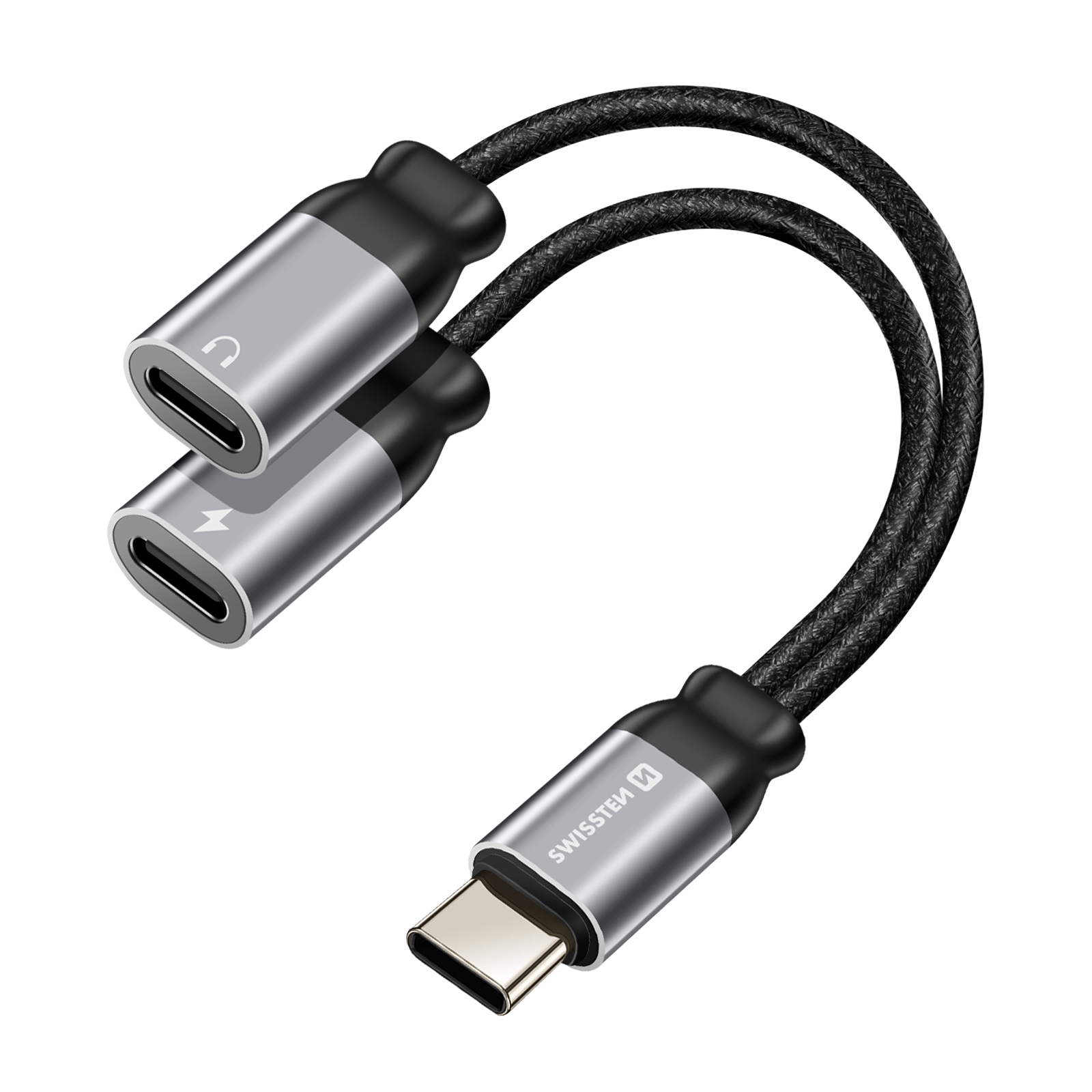 Un adattatore USB-C nero e grigio. Ha due porte USB-C e una porta di ricarica.
