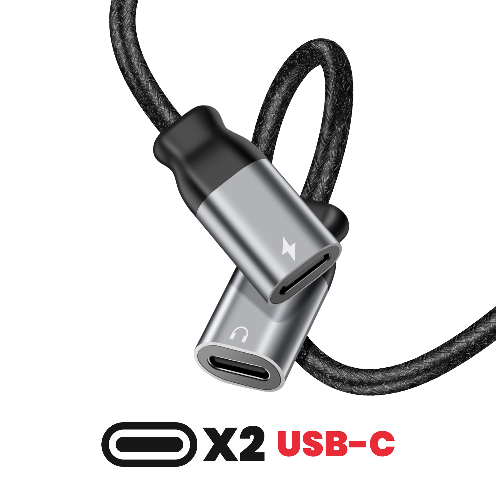 Adattatore USB-C nero e argento con due porte USB-C e una porta di ricarica. Il testo 'X2 USB-C' è sotto.