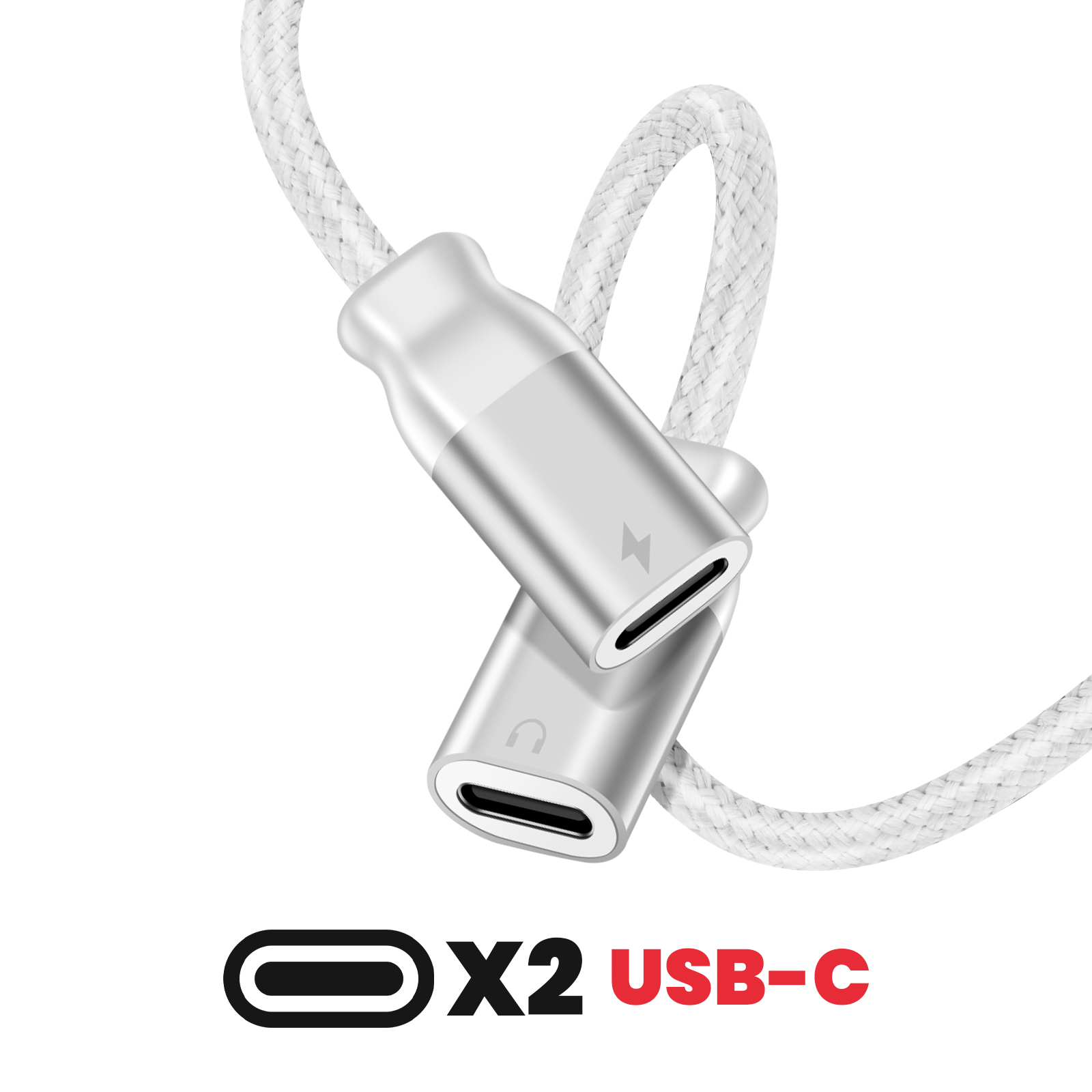 Adattatore USB-C bianco e argento con due porte USB-C e una porta di ricarica. Il testo 'X2 USB-C' è sotto.