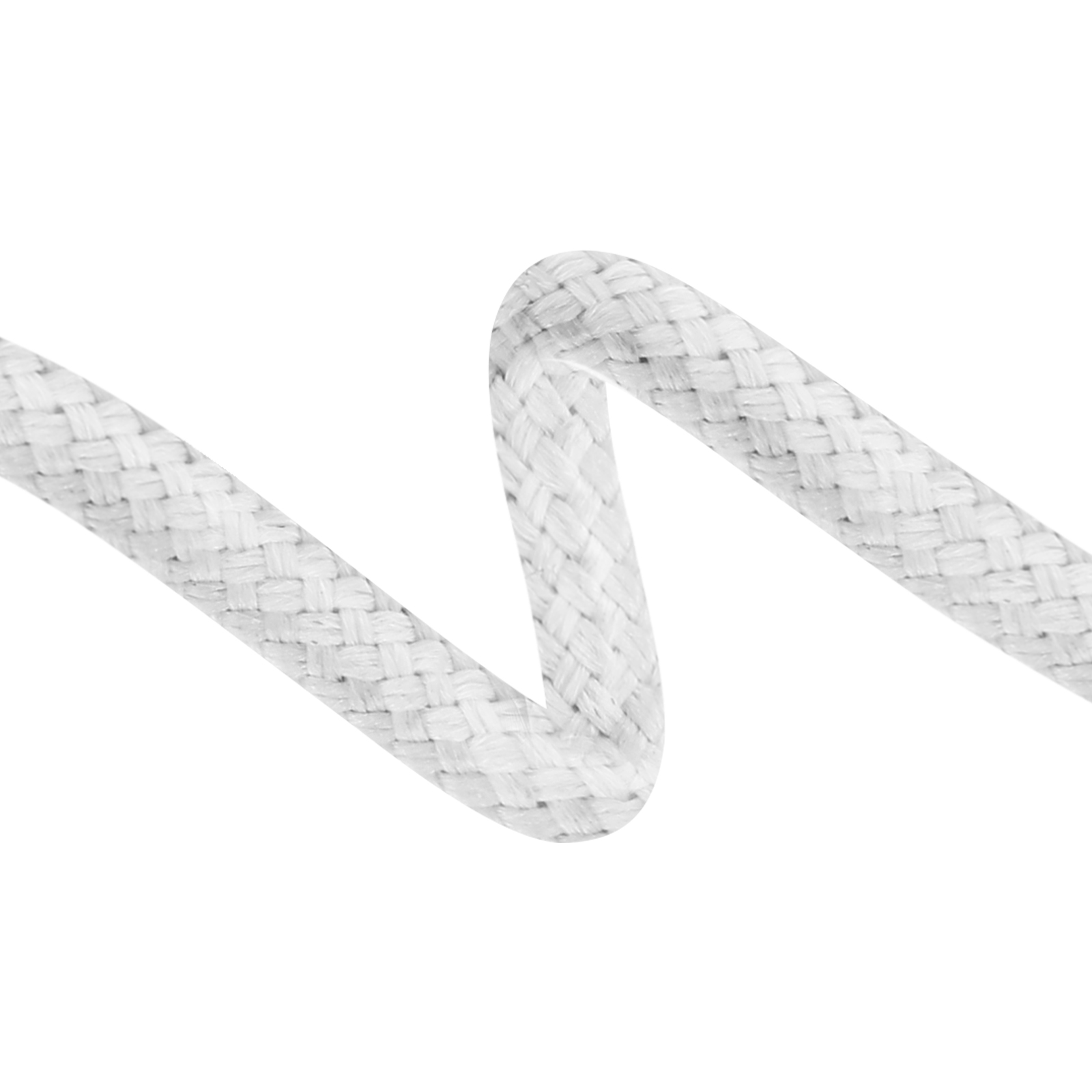 Cavo intrecciato bianco. Il cavo è ondulato e ha uno sfondo bianco.