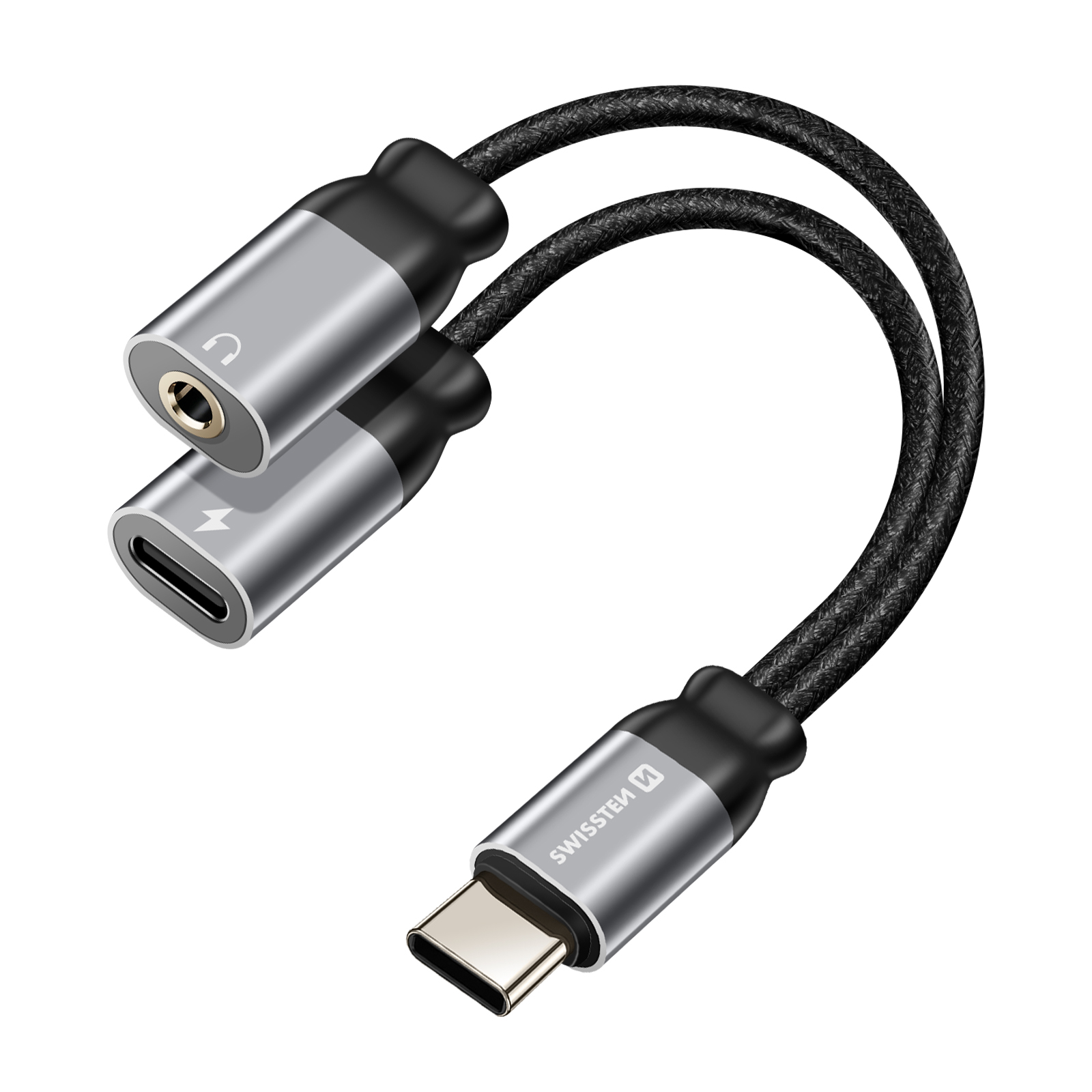Un adattatore USB-C nero e grigio. Ha due porte USB-C e una porta di ricarica.