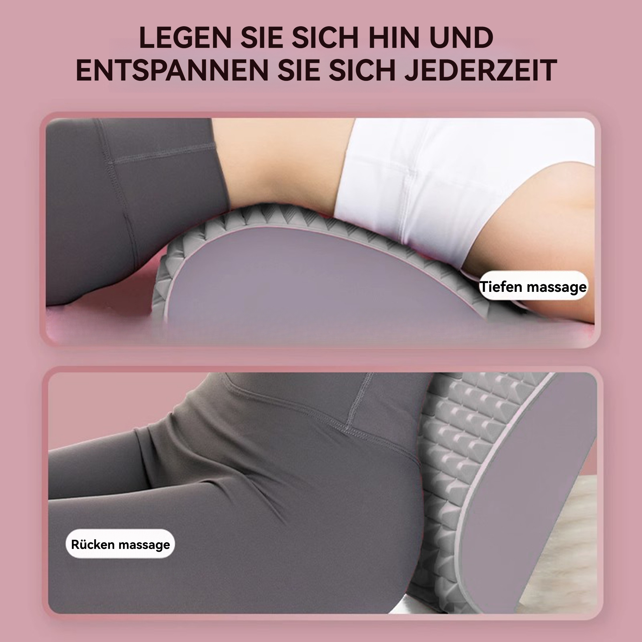 Zwei Bilder zeigen eine Person, die ein Massagegerät benutzt. Eines zeigt Rückenmassage, das andere Nackenmassage.