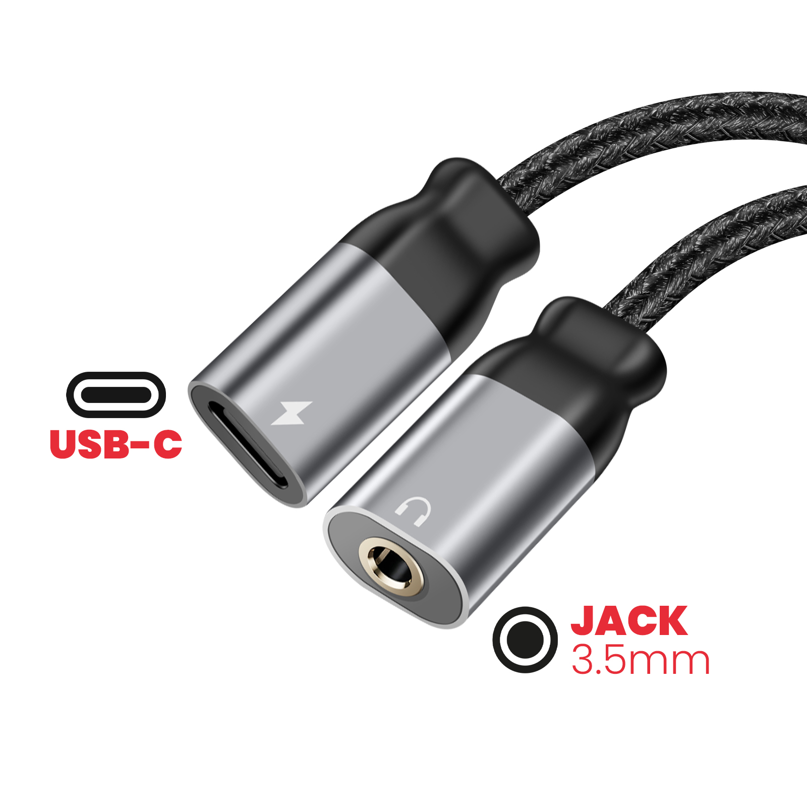 Un adattatore da USB-C a jack da 3,5 mm. Estremità USB-C a sinistra, jack a destra. Colori nero e argento.