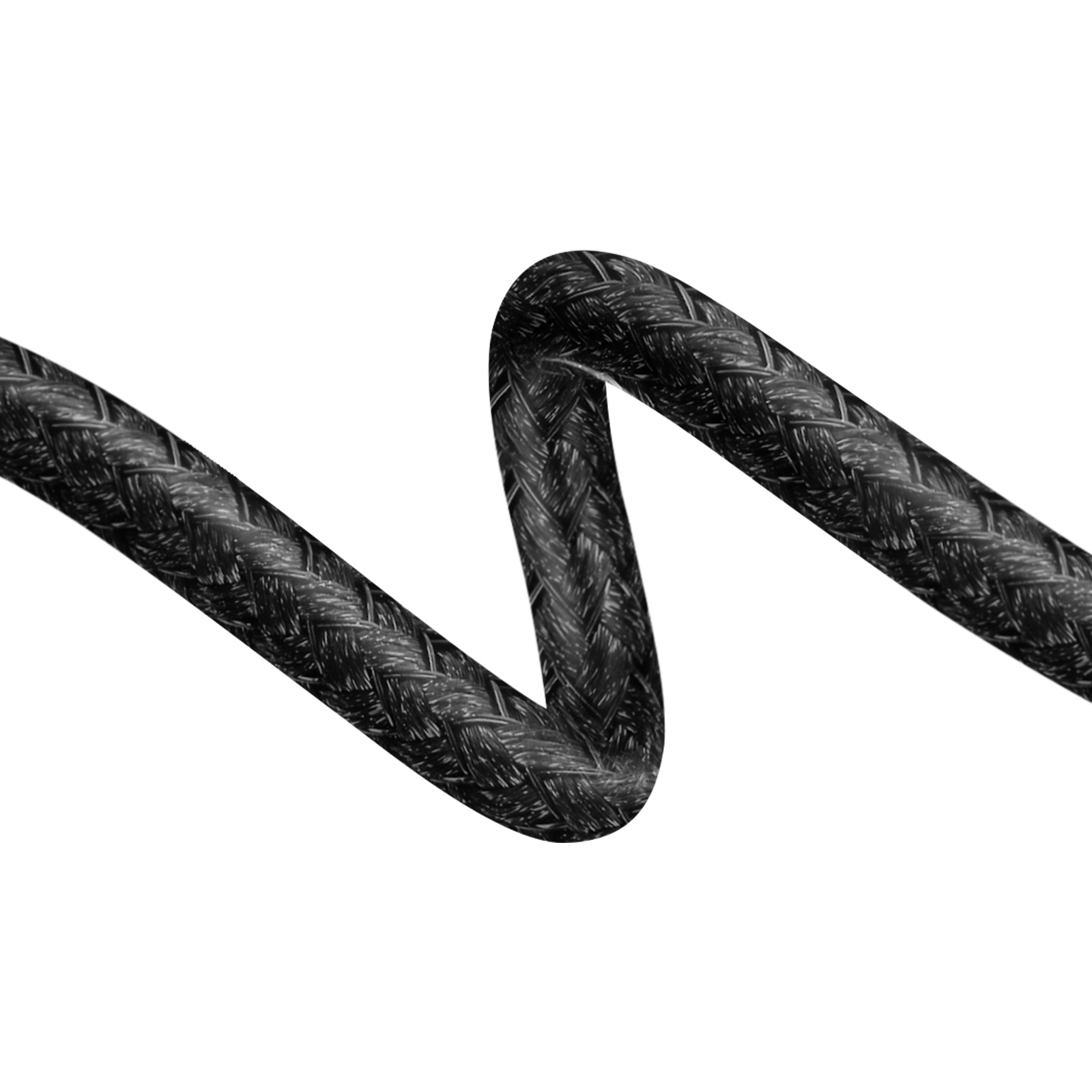 Un cavo intrecciato nero, che si curva attraverso il telaio contro uno sfondo bianco. La trama è visibile.