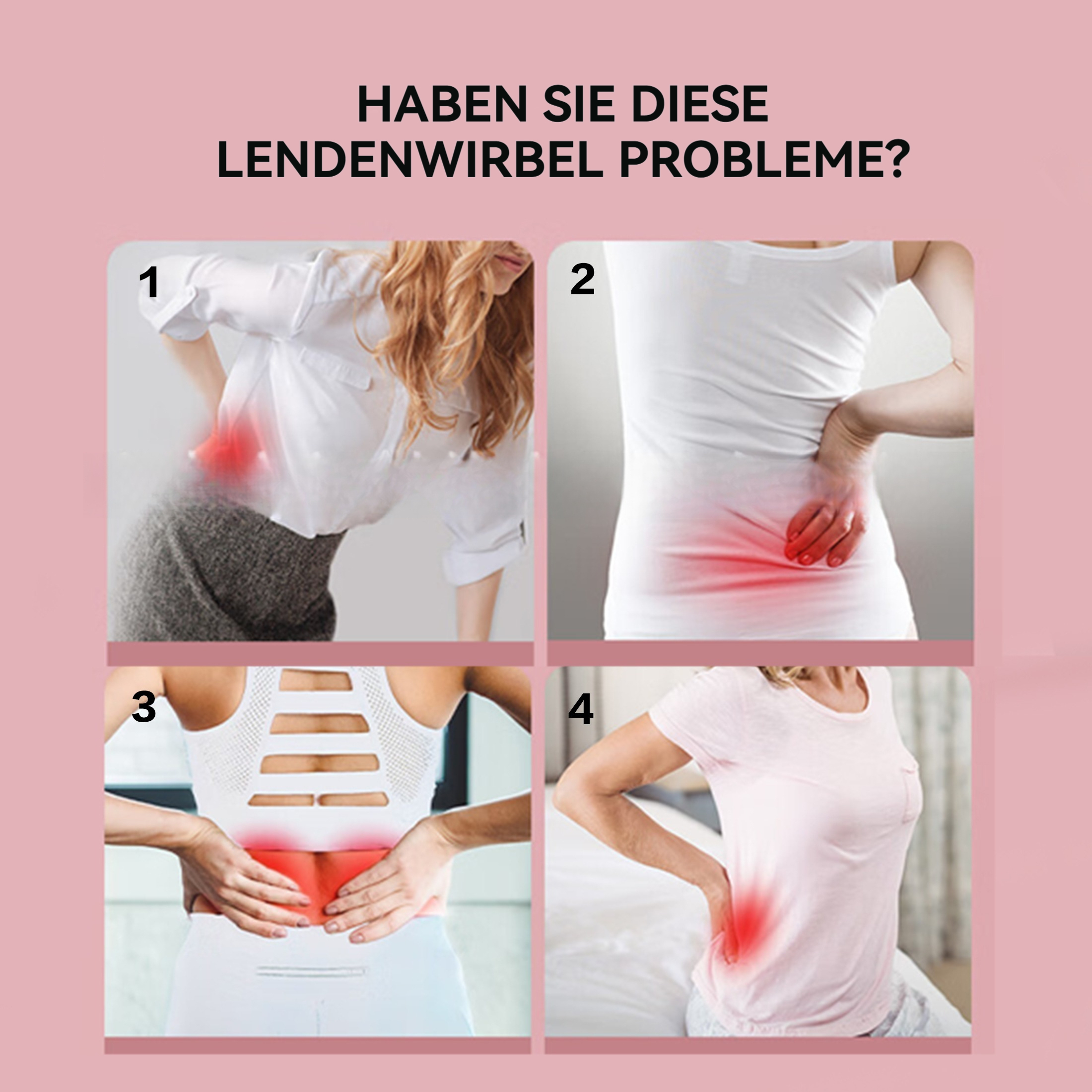Eine Collage aus vier Bildern, die Menschen mit Rückenschmerzen zeigen, rote Bereiche kennzeichnen den Schmerzort.