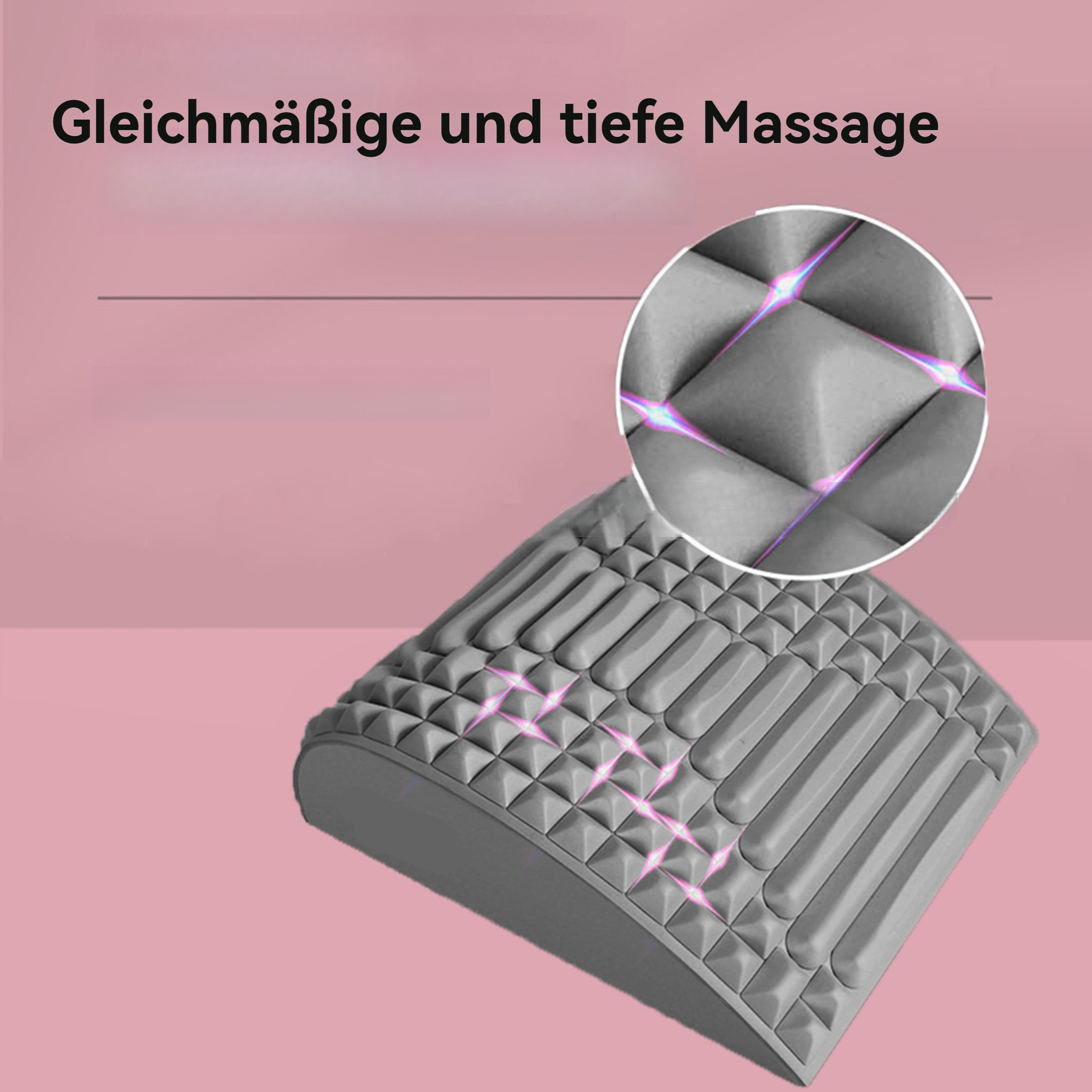 Ein Massagegerät mit Nahaufnahme der Oberfläche mit rosa Hervorhebung. Das Gerät ist grau mit Spitzen.