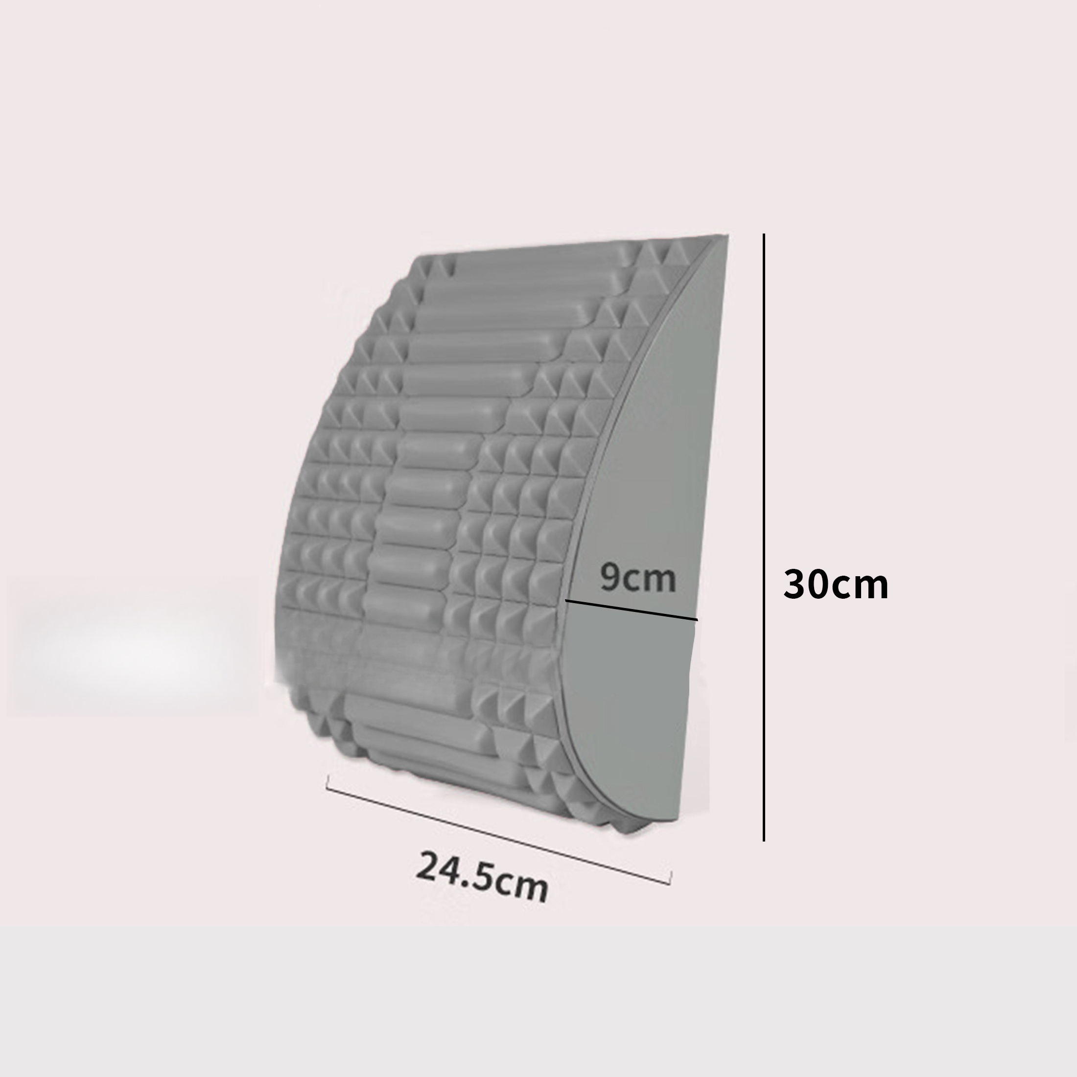 Ein graues Rückenstützkissen mit den Maßen 24,5 cm breit und 30 cm hoch sowie 9 cm tief.
