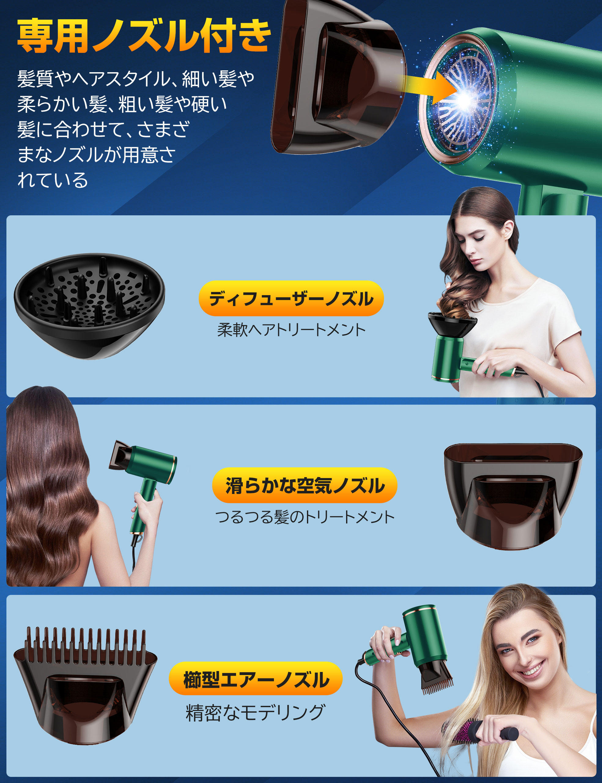 Ein grüner Haartrockner mit verschiedenen Düsen und Bildern, die verschiedene Haarstyling-Techniken zeigen.