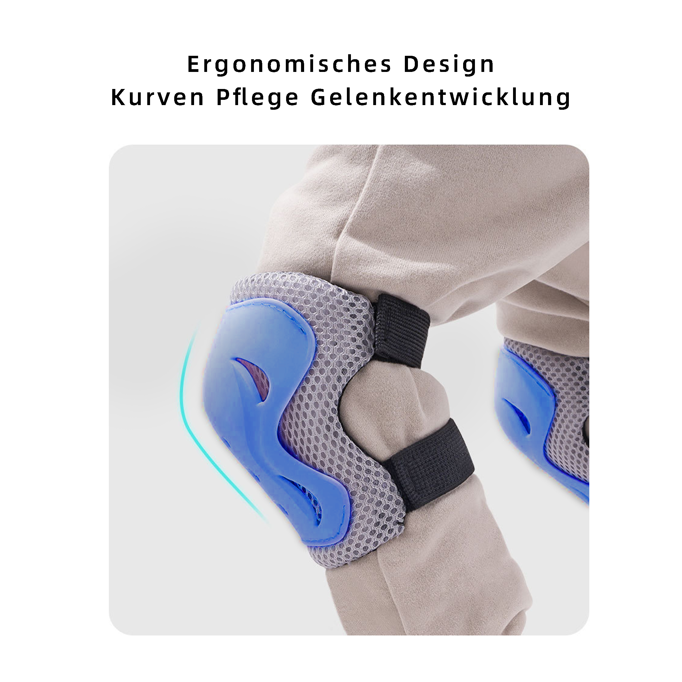 Nahaufnahme eines Kinderbeins mit blauen und rosa Knieschonern zum Schutz beim Sport.