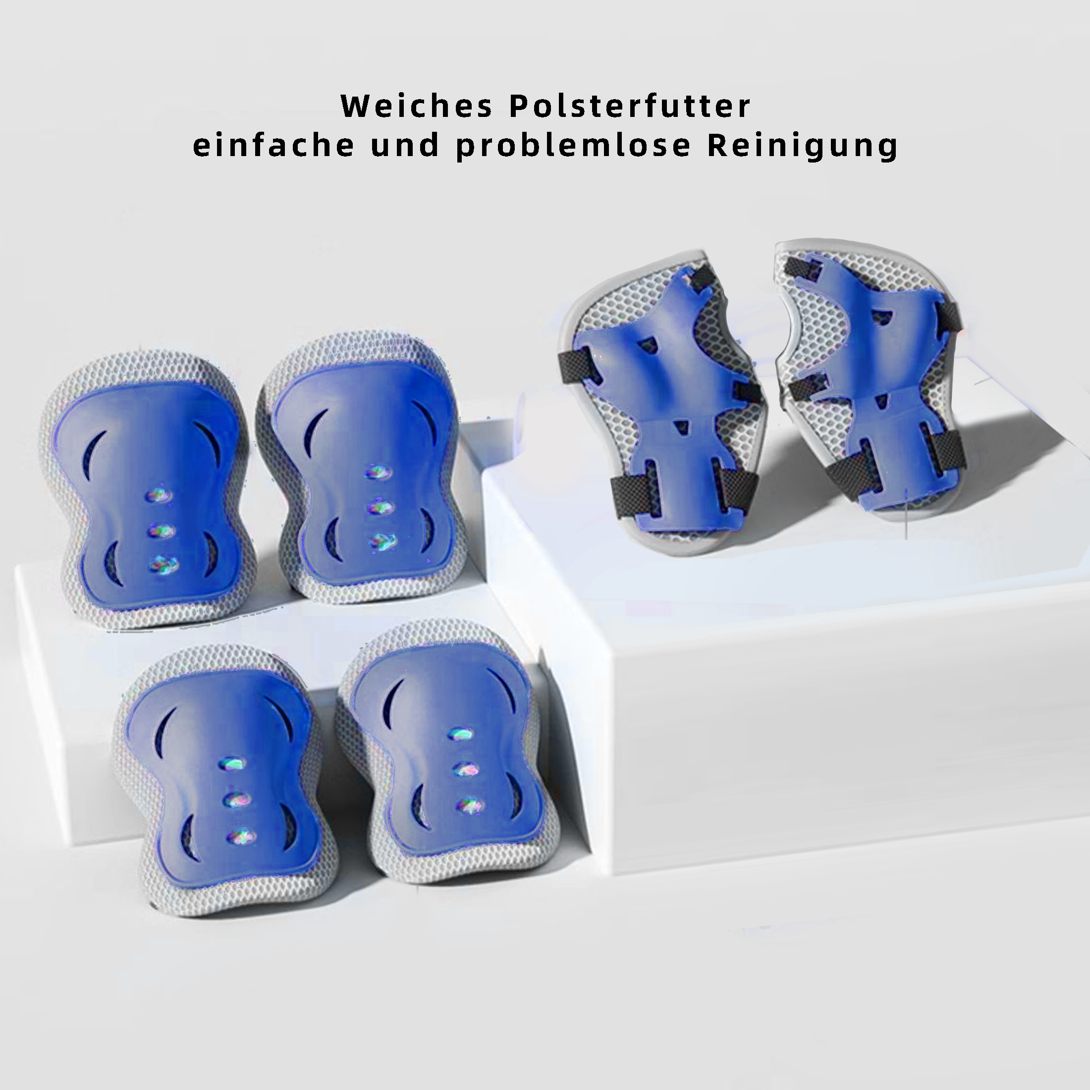 Vier Paar blaue und graue Knieschützer, für den Schutz von Kindern beim Sport.