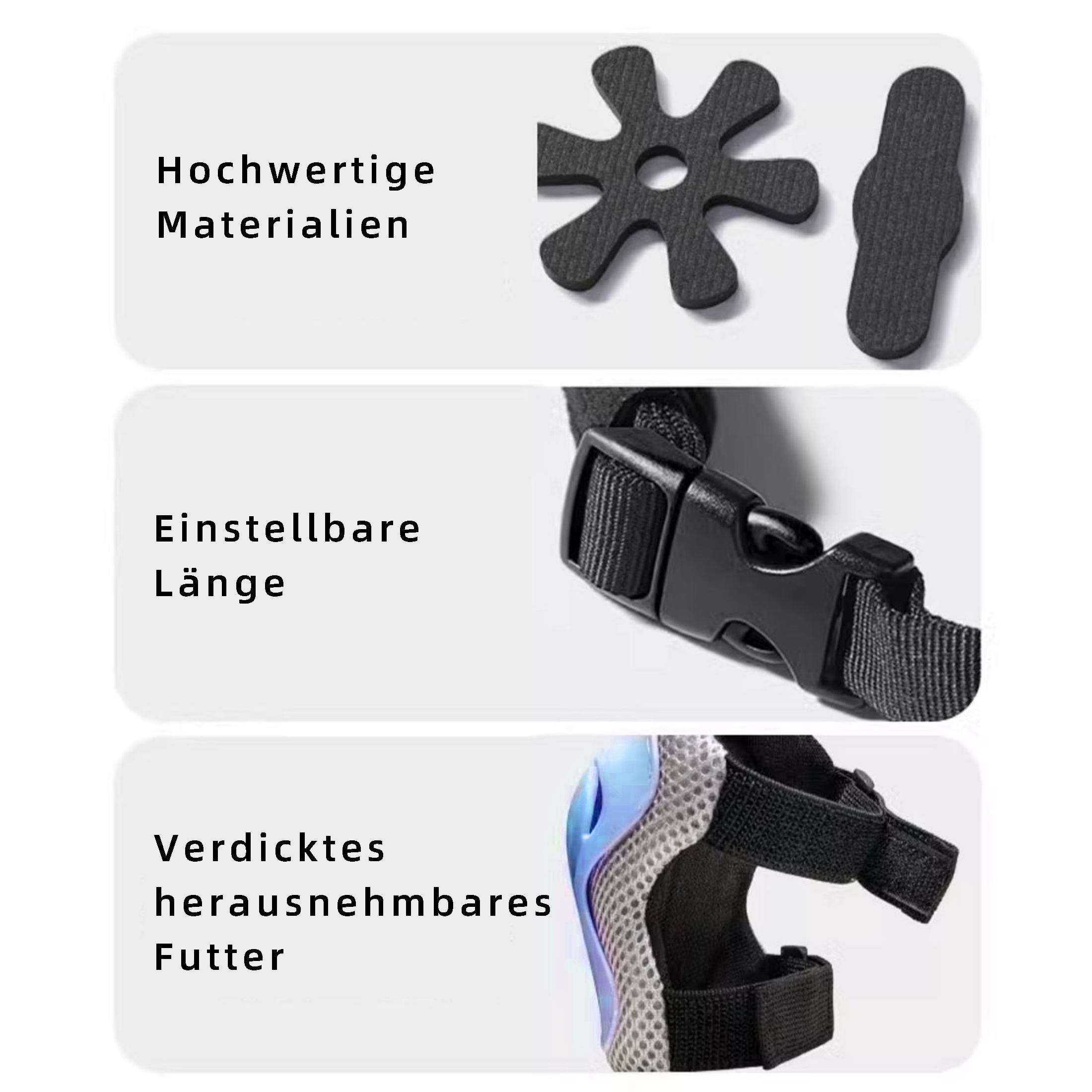 Bilder von Schutzkleidungsteilen und ihren Merkmalen. Schwarz und grau.