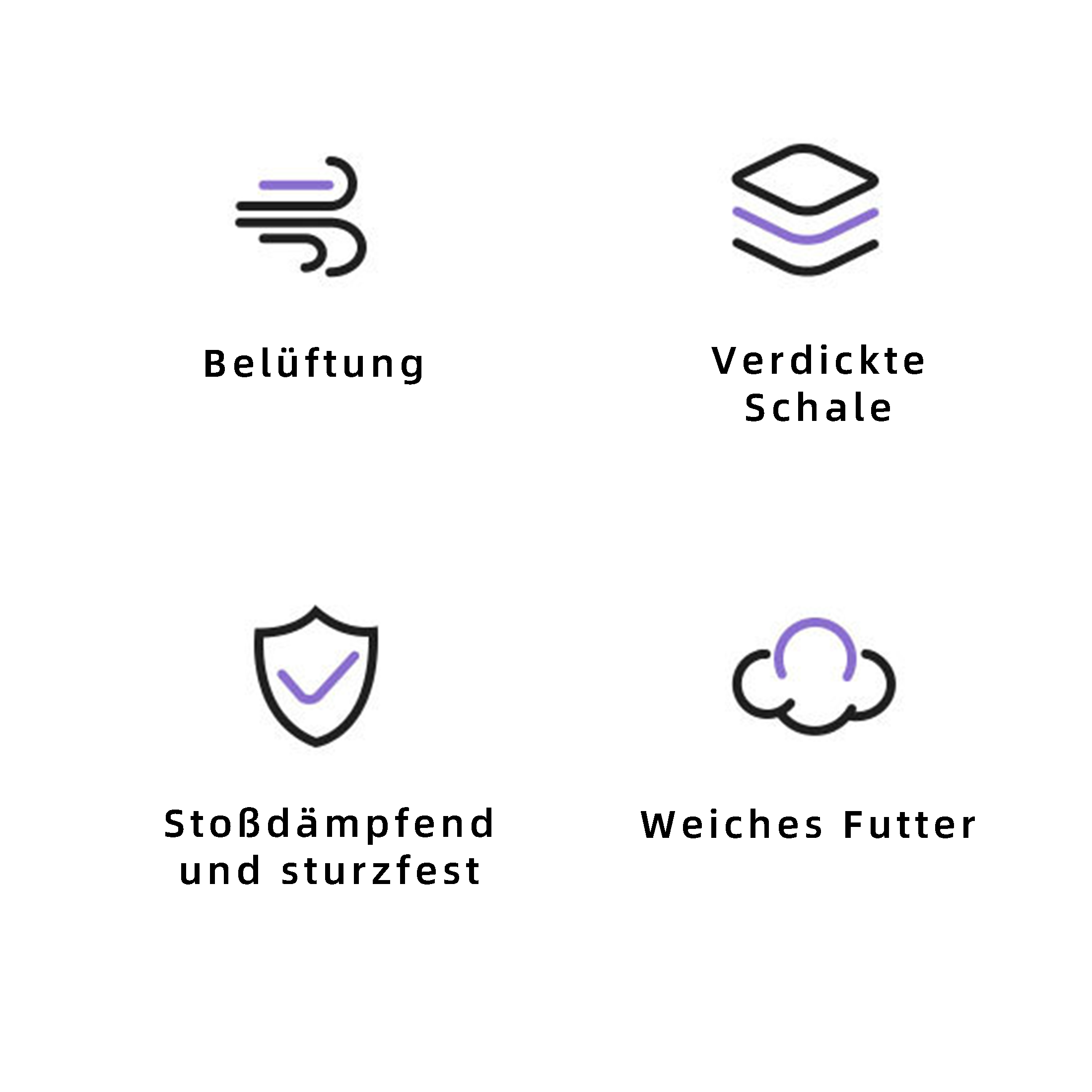 Vier Symbole: Belüftung, verdickte Schale, stoßdämpfend und weiches Futter. Jedes hat eine Beschreibung auf Deutsch.