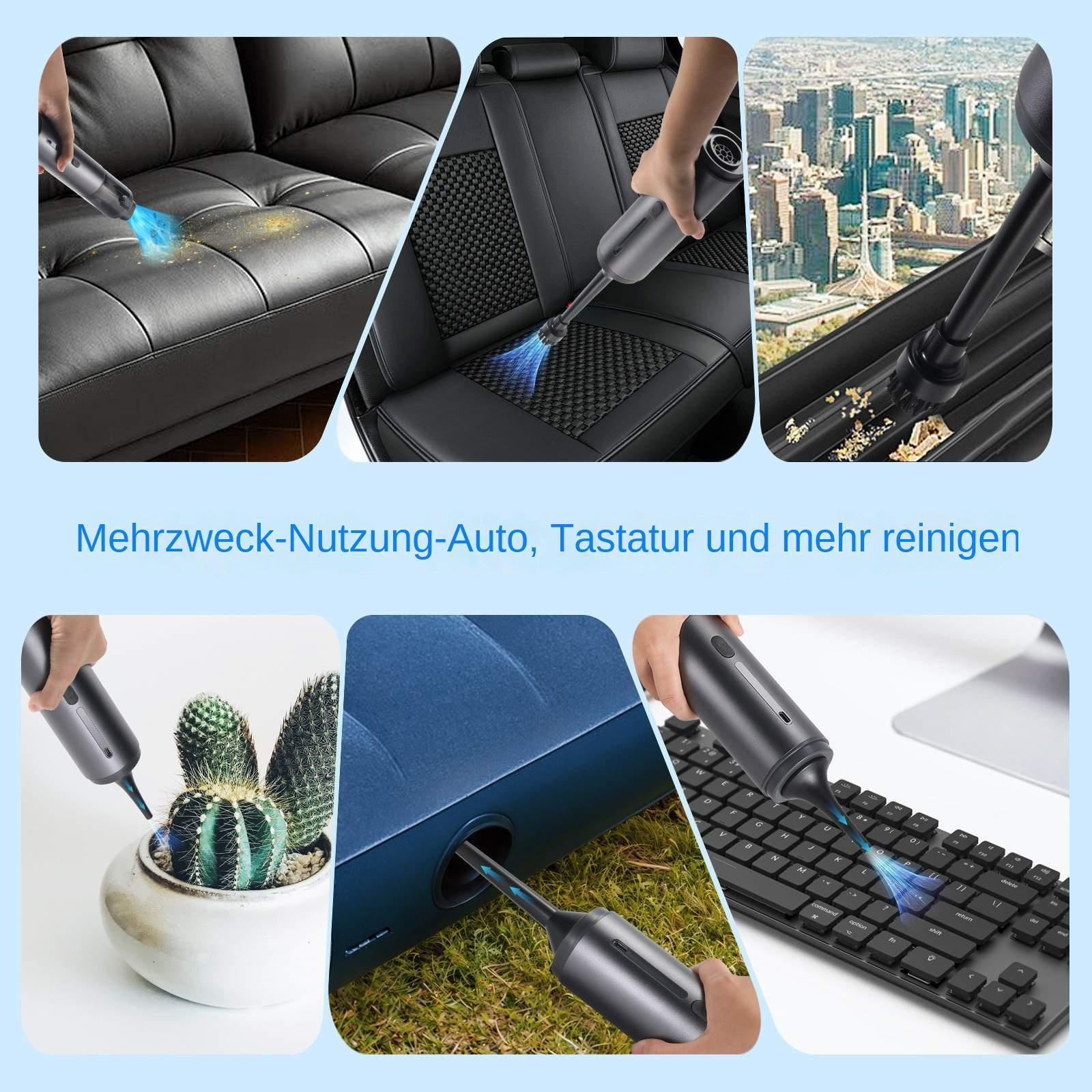 Bilder, die den Handstaubsauger bei der Verwendung auf verschiedenen Oberflächen zeigen.