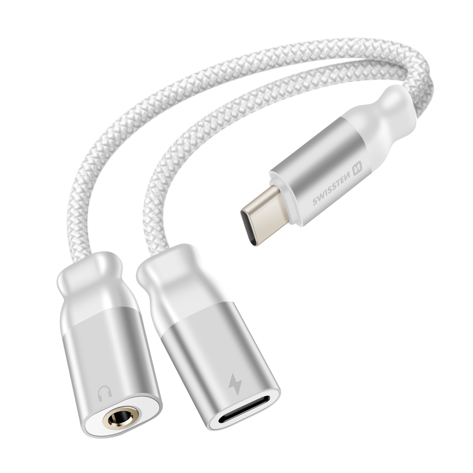 Un cavo adattatore audio da USB-C a doppio 3,5 mm bianco e argento su sfondo bianco.