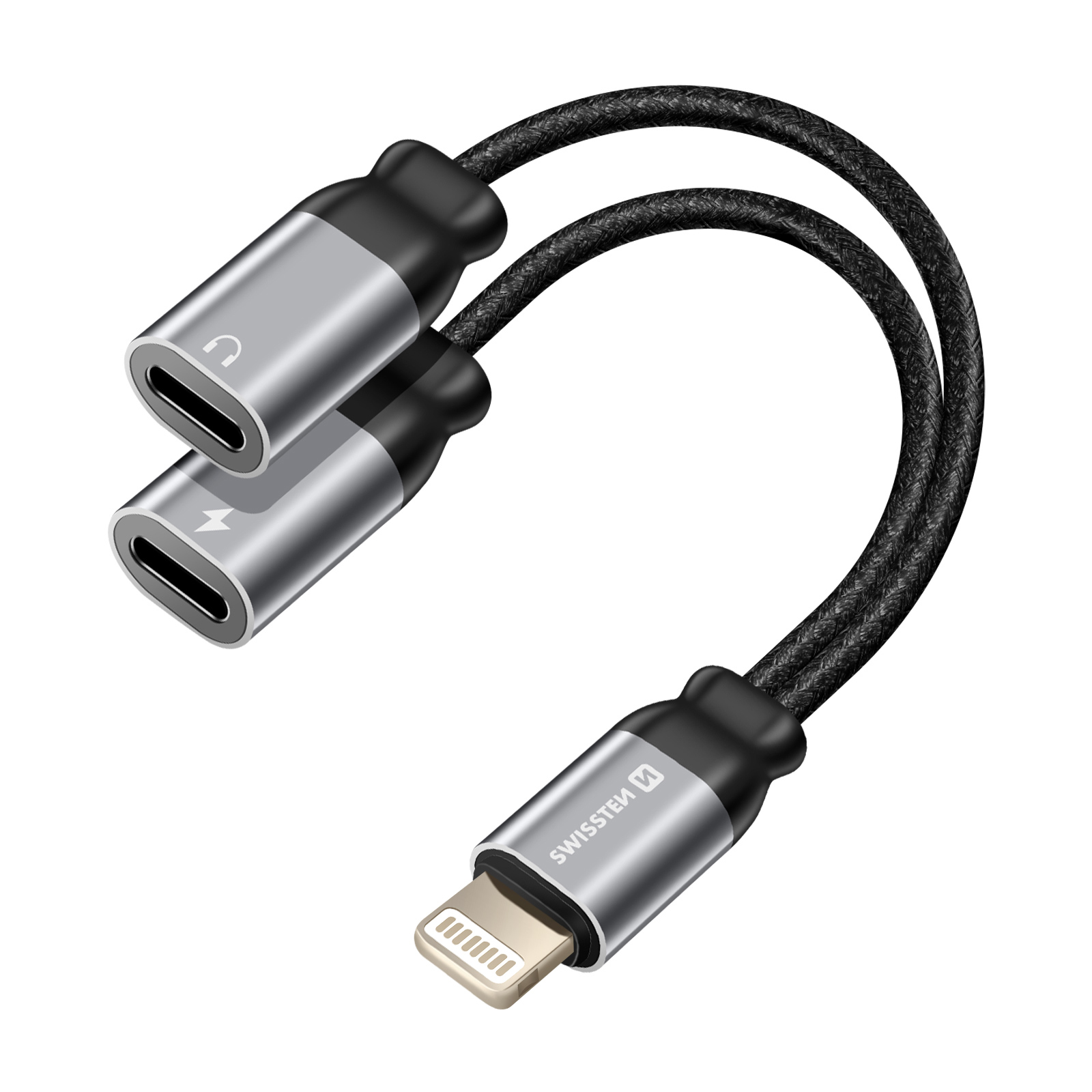 Ein weißes und silbernes USB-C-zu-Lightning-Audioadapterkabel auf weißem Hintergrund.