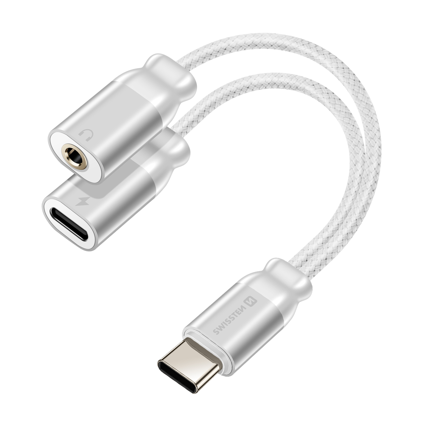 Un adattatore bianco e argento con connettore USB-C e porta per cuffie e ricarica.