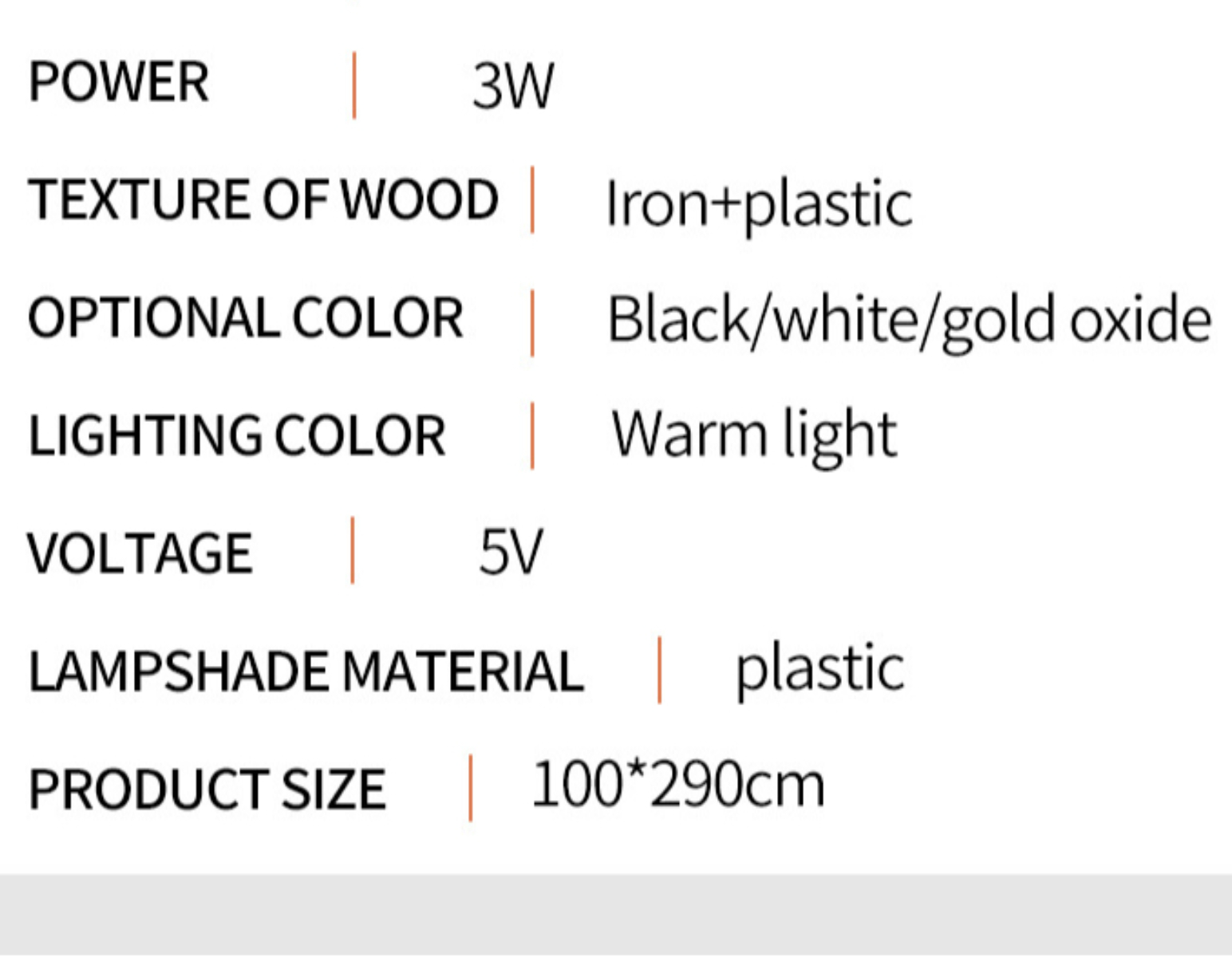 Text mit Produktdetails. Leistung: 3W, Material: Eisen+Kunststoff, Farbe: Schwarz/Weiß/Gold, Beleuchtung: Warmweiß, 5V.