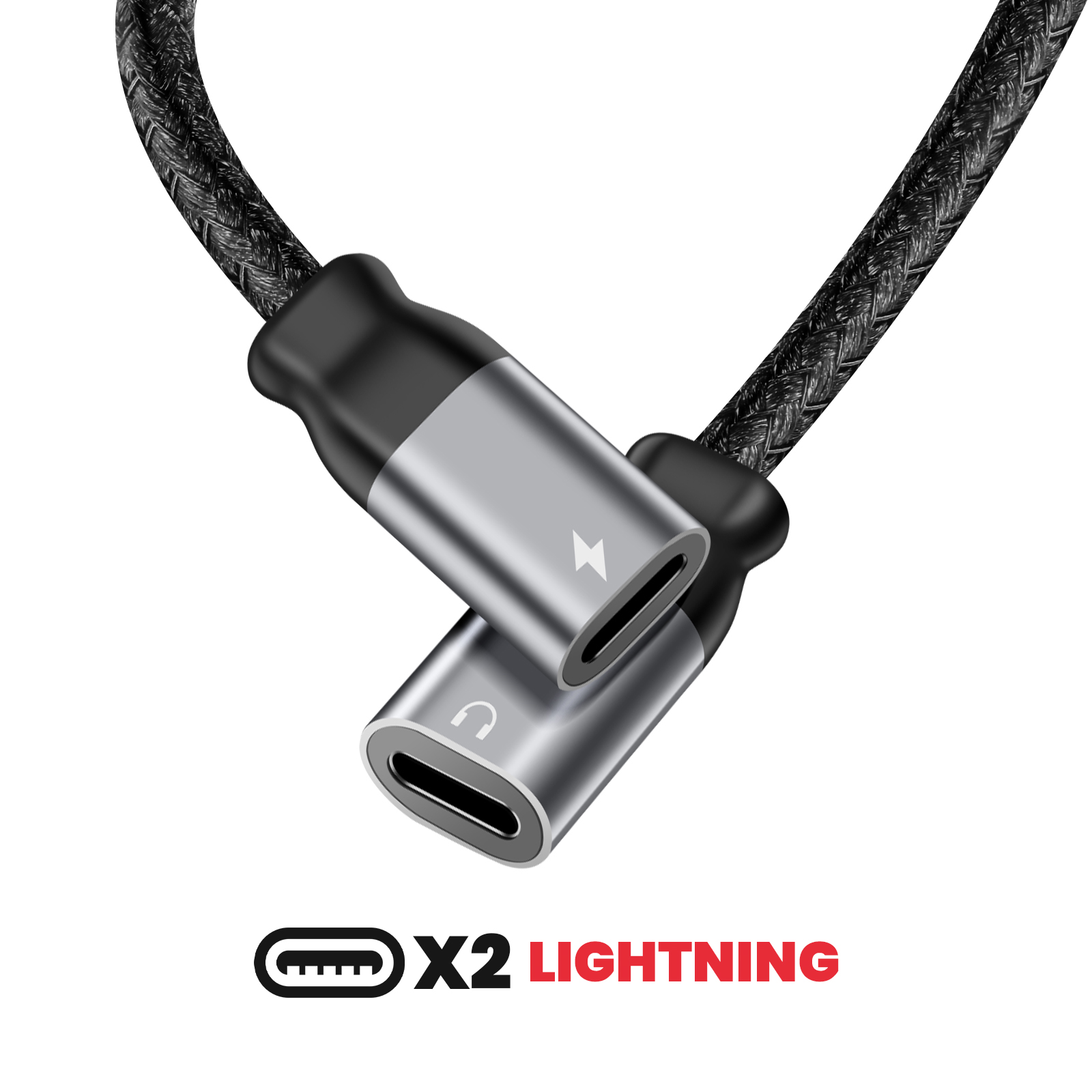 Ein USB-C-zu-Dual-Lightning-Audioadapterkabel auf weißem Hintergrund.