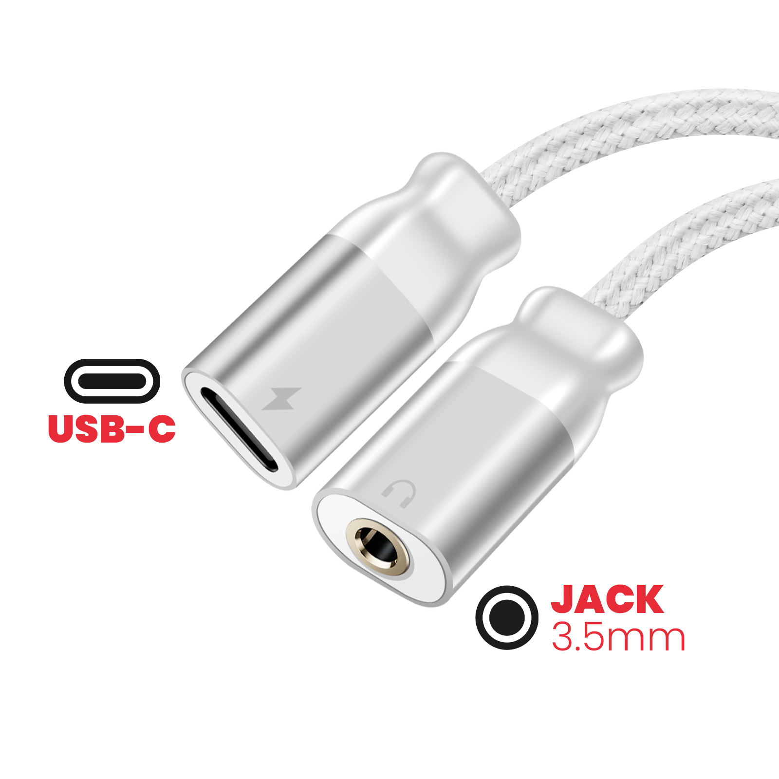 Adattatore da USB-C a jack da 3,5 mm. Connettori argentati con cavo intrecciato bianco. Etichette: USB-C e jack da 3,5 mm.