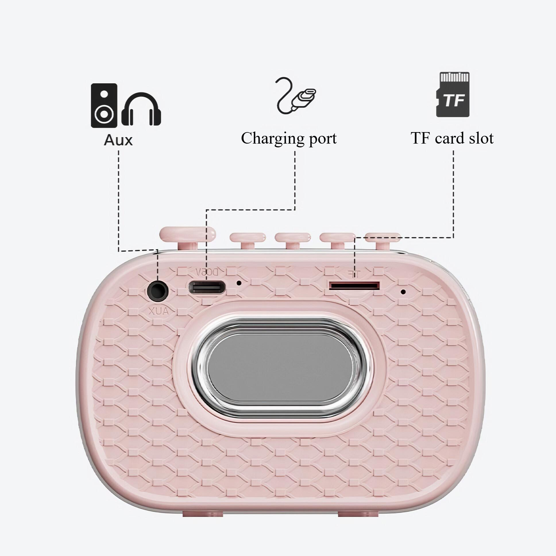 Rosa Audioplayer mit Knöpfen, Anschlüssen und Beschriftungen. Merkmale: Aux, Ladeanschluss, TF-Kartensteckplatz.