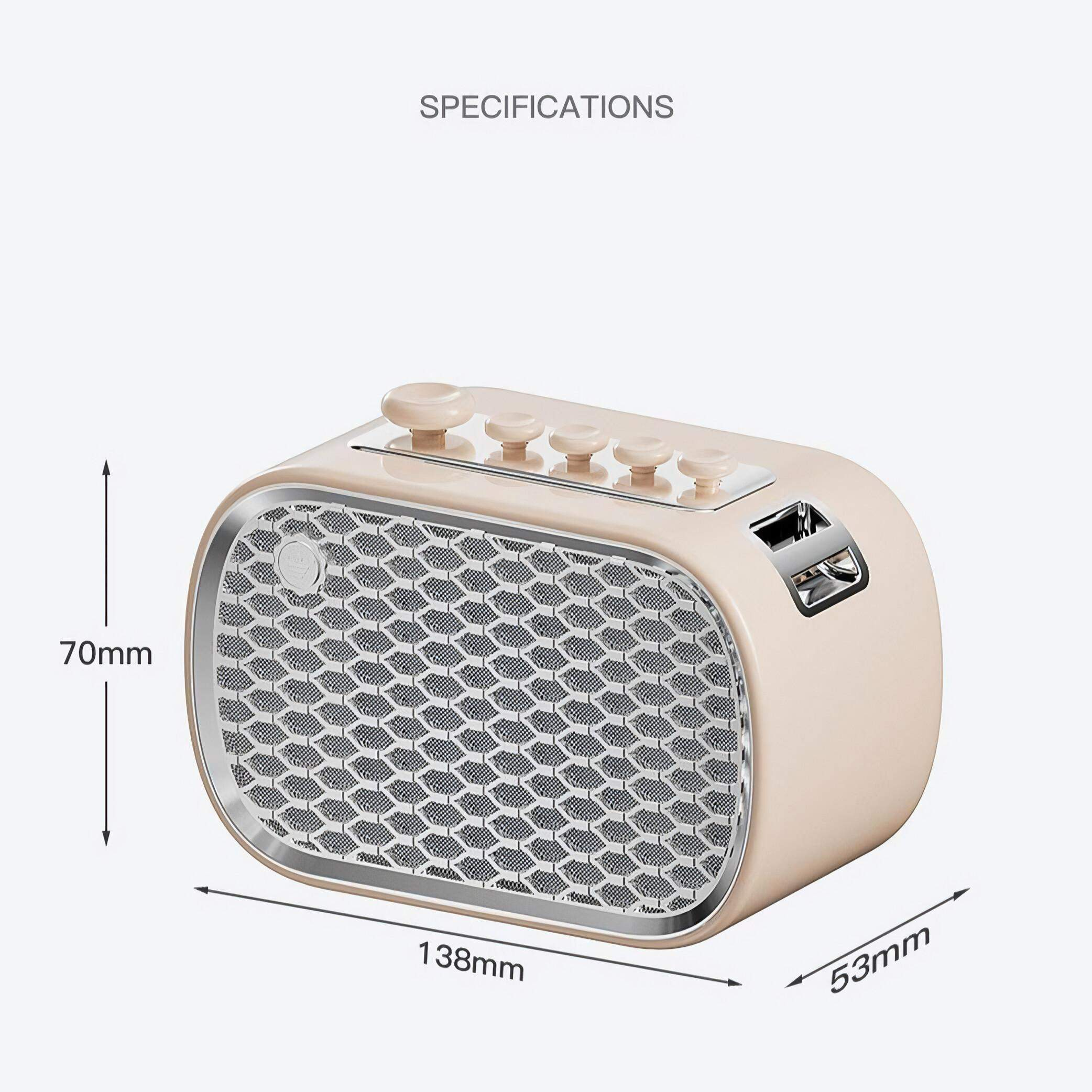 Kleiner beiger Audioplayer mit Knöpfen und Lautsprechergitter. Abmessungen 138x70x53mm. Spezifikationen werden gezeigt.