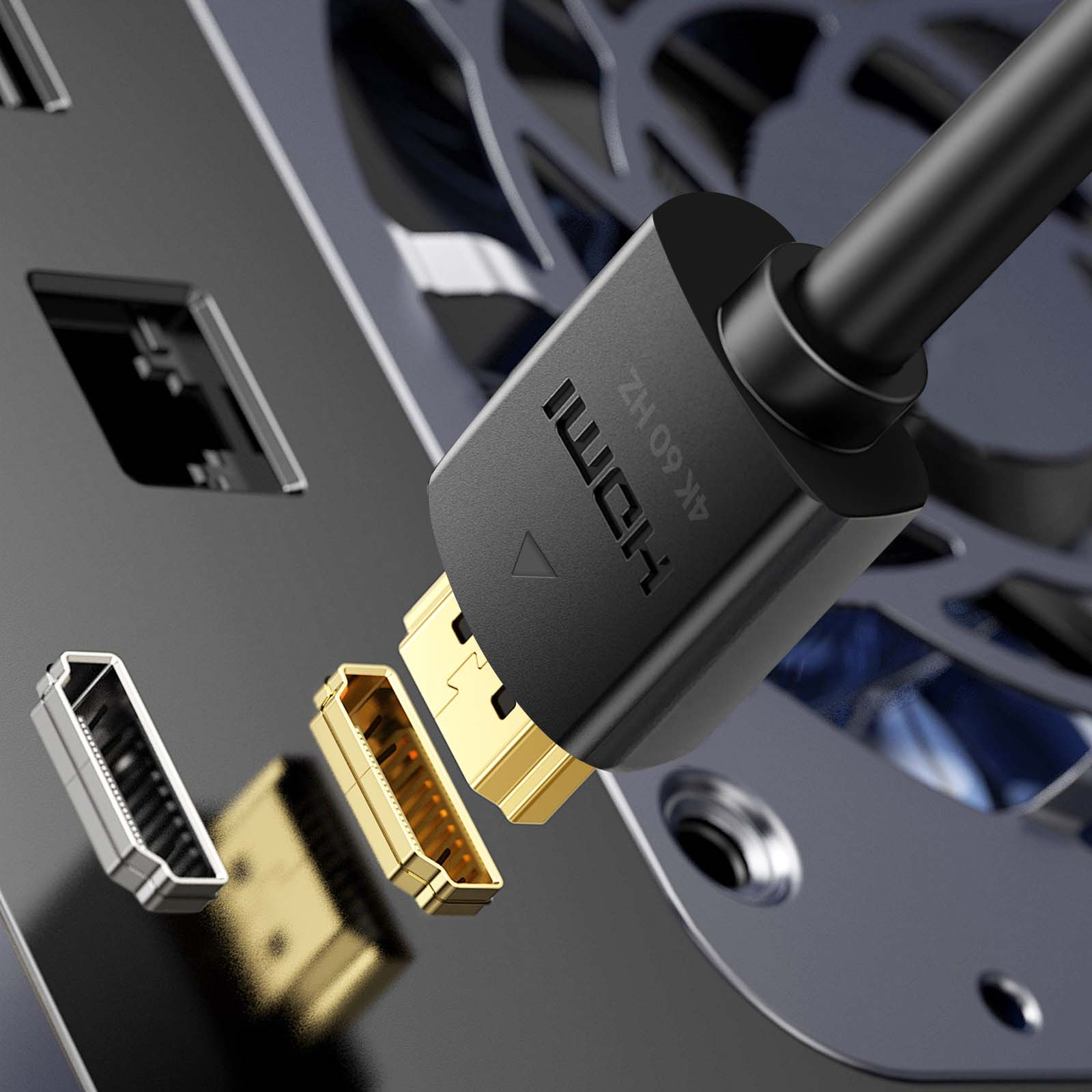 Nahaufnahme eines HDMI-Kabels, das an ein Gerät angeschlossen ist. Die Anschlüsse sind goldfarben. Das Gerät hat Anschlüsse.