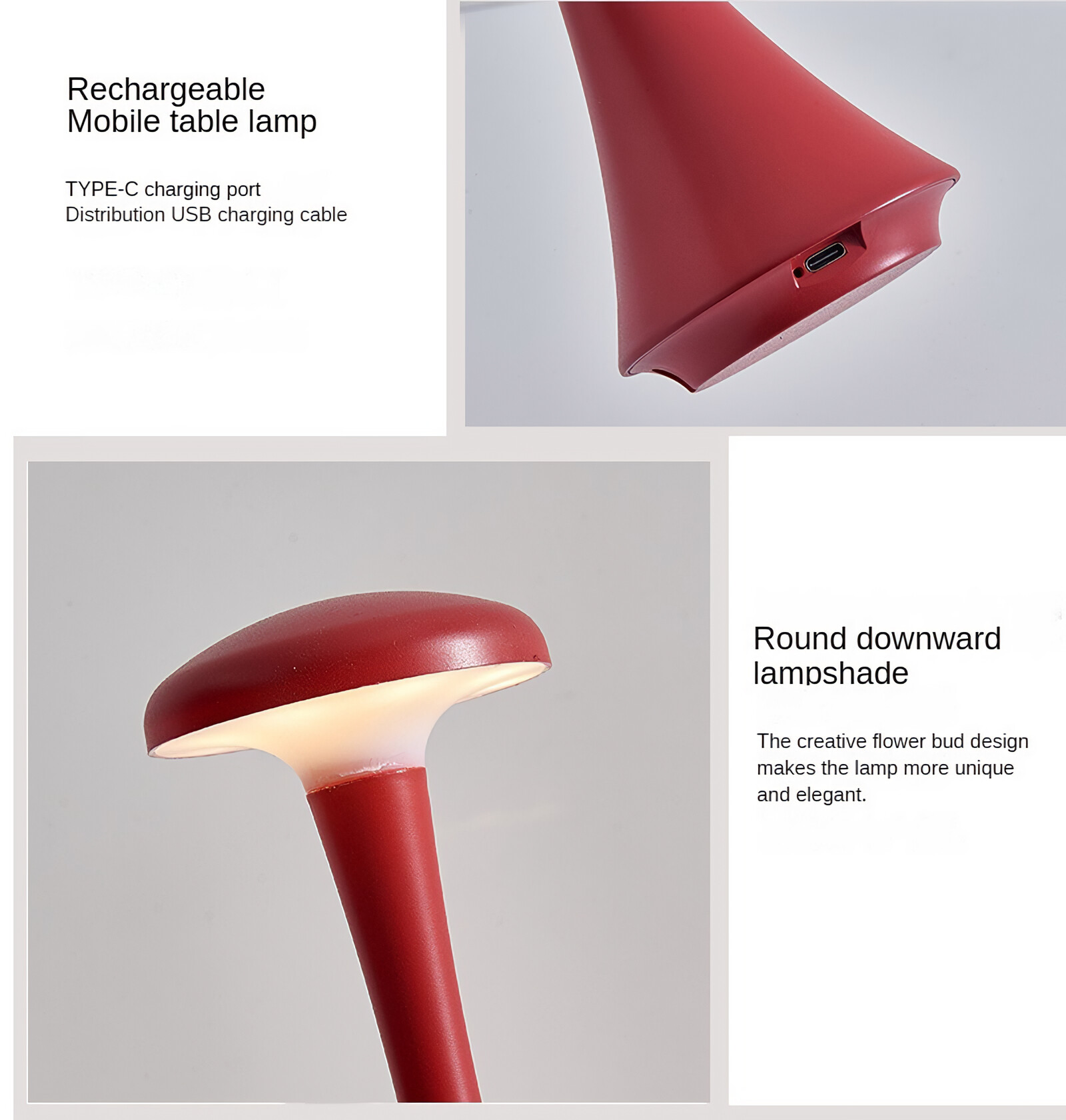 Detaillierte Aufnahmen einer roten Lampe. Typ-C-Ladeanschluss und USB-Ladekabel. Rundes, nach unten gerichtetes Lampenschirmdesign.