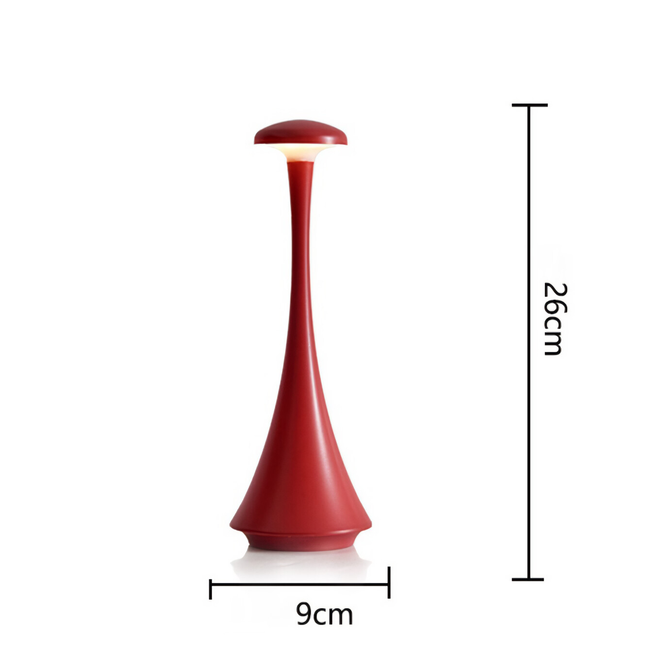 Eine rote Tischlampe mit schlankem, konischem Fuß und rundem Oberteil, vor weißem Hintergrund.