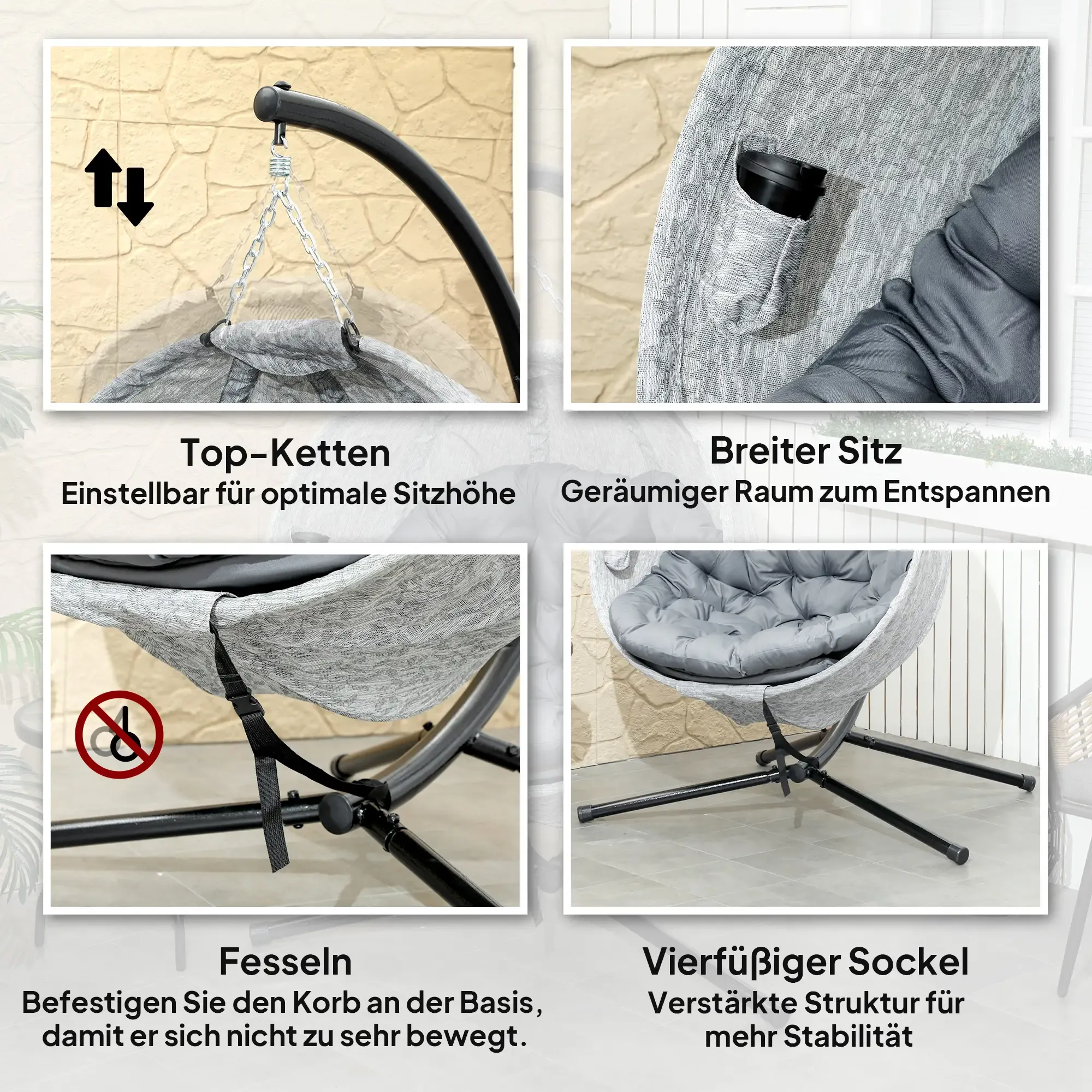 Vier Bilder, die Merkmale eines grauen Hängestuhls zeigen: verstellbare Ketten, breiterer Sitz usw.