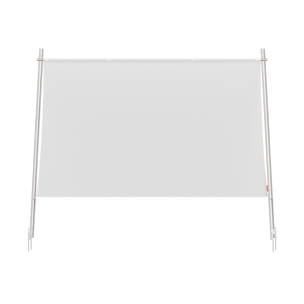 Ein Display-Ständer mit einer leeren weißen Leinwand. Silberner Metallrahmen auf weißem Hintergrund.