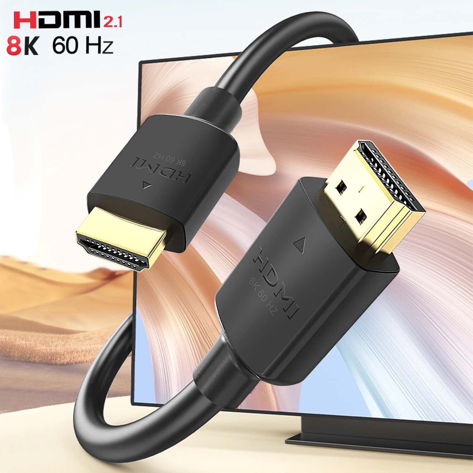 Zwei schwarze HDMI-Kabel mit goldenen Steckern, an einen Fernseher angeschlossen. Text: HDMI 2.1.