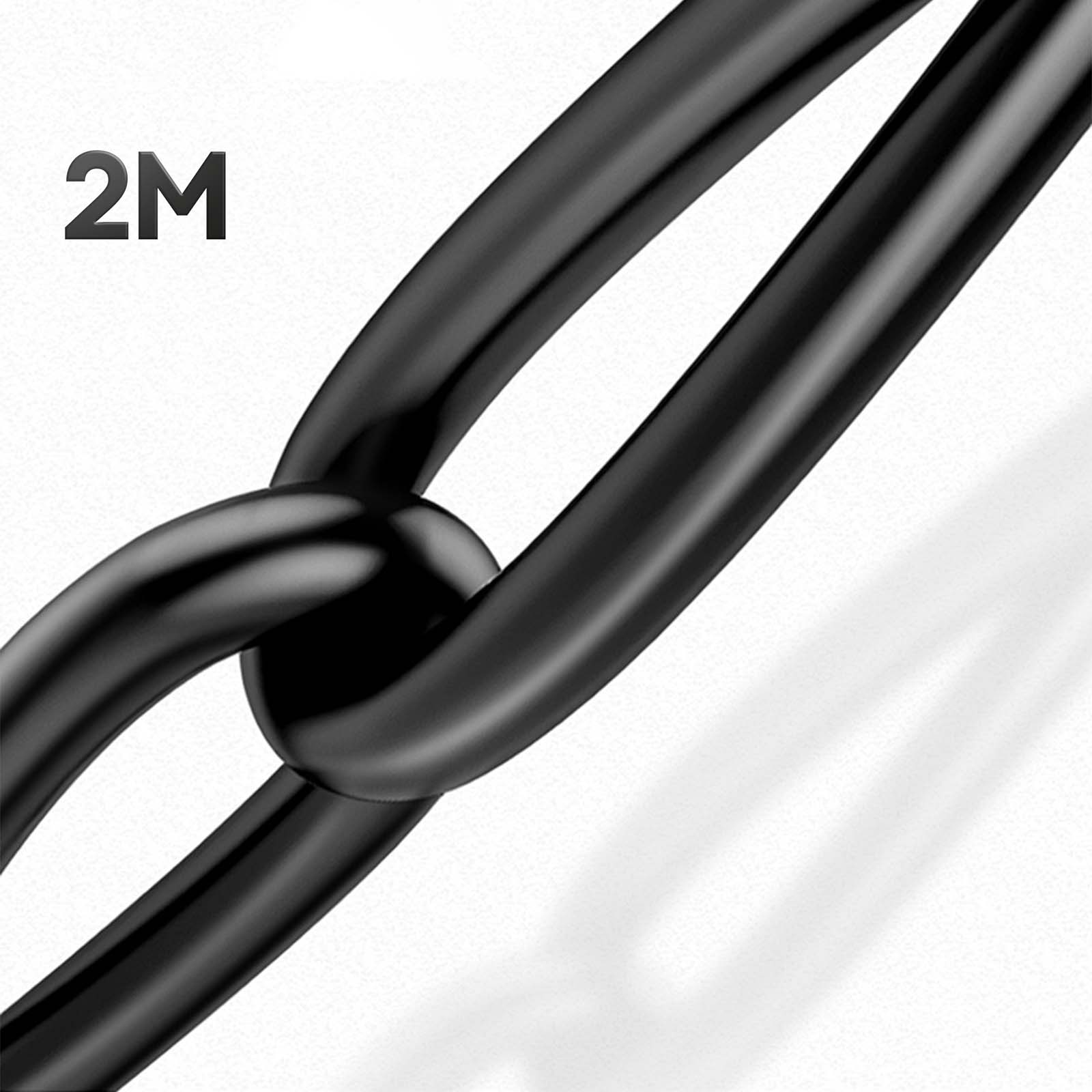 Nahaufnahme einer schwarzen Kette mit zwei ineinandergreifenden Gliedern. Text '2M' oben links.