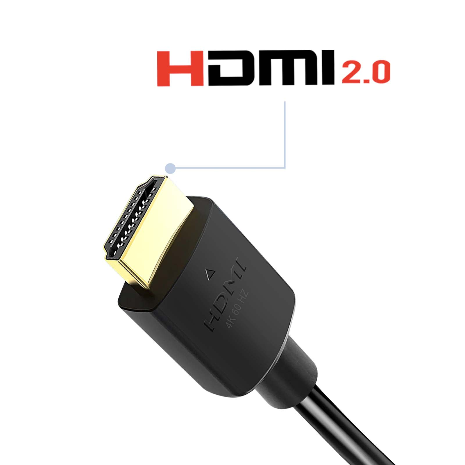 Nahaufnahme eines HDMI-Anschlusses mit Goldkontakten und schwarzem Gehäuse. Text: HDMI 2.0.