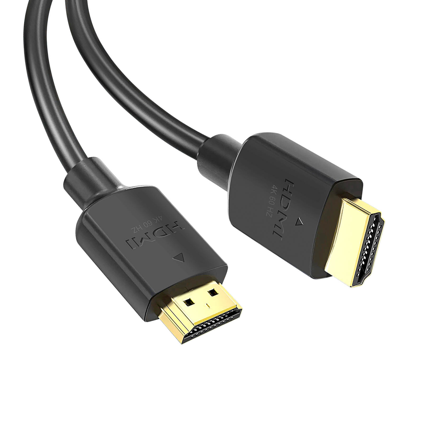 Zwei schwarze HDMI-Kabel mit goldenen Steckern, vor weißem Hintergrund.