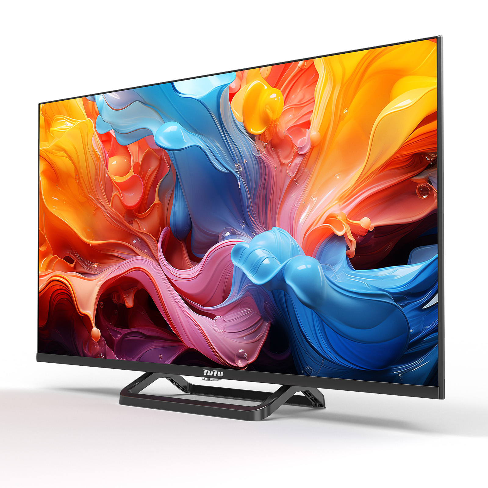 Ein Flachbildfernseher zeigt farbenfrohe abstrakte Kunst. Der Fernseher ist schwarz, hat einen schwarzen Ständer und steht auf weißem Untergrund.