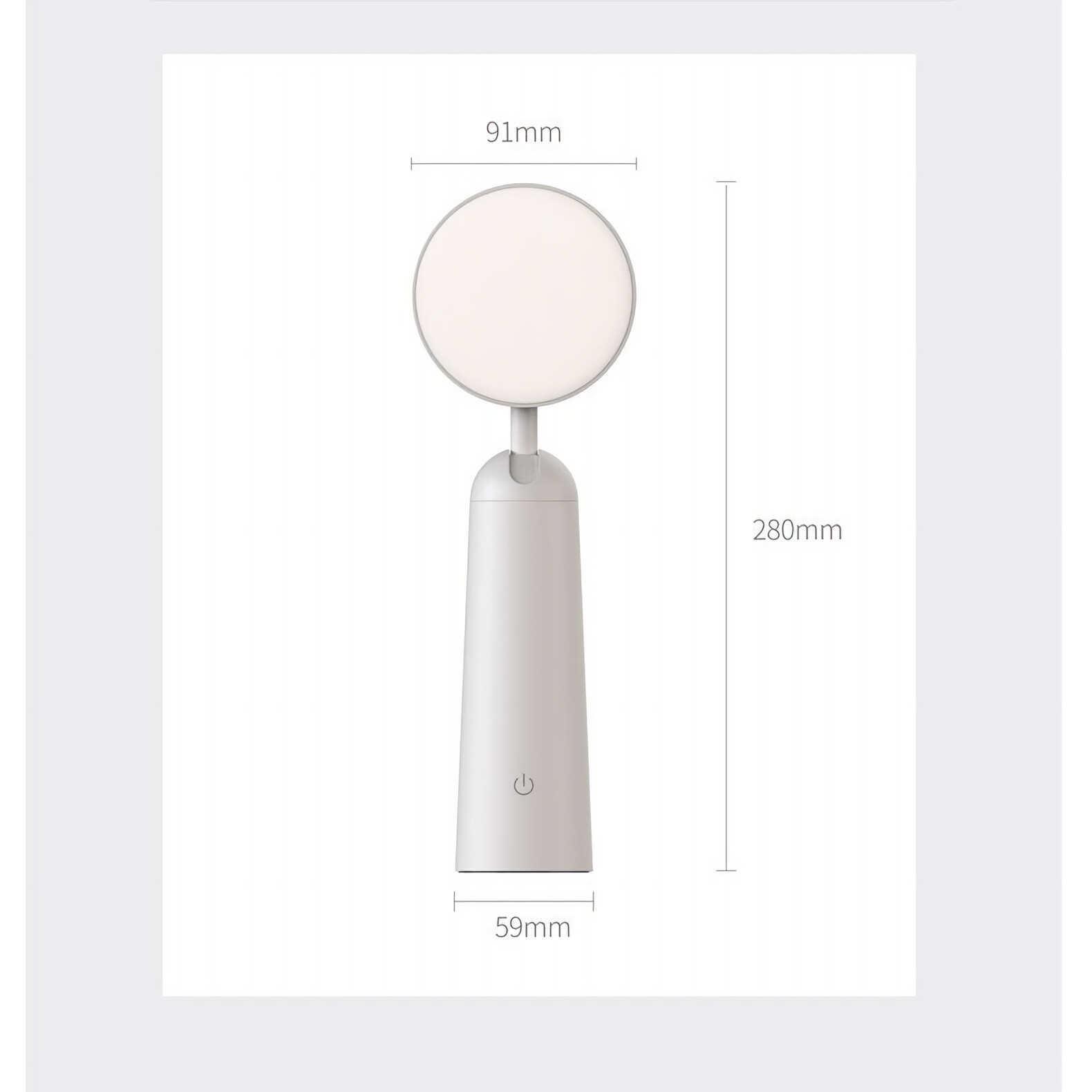 Eine weiße Schreibtischlampe mit Maßangaben. Die Lampe ist zylindrisch mit rundem Licht oben.