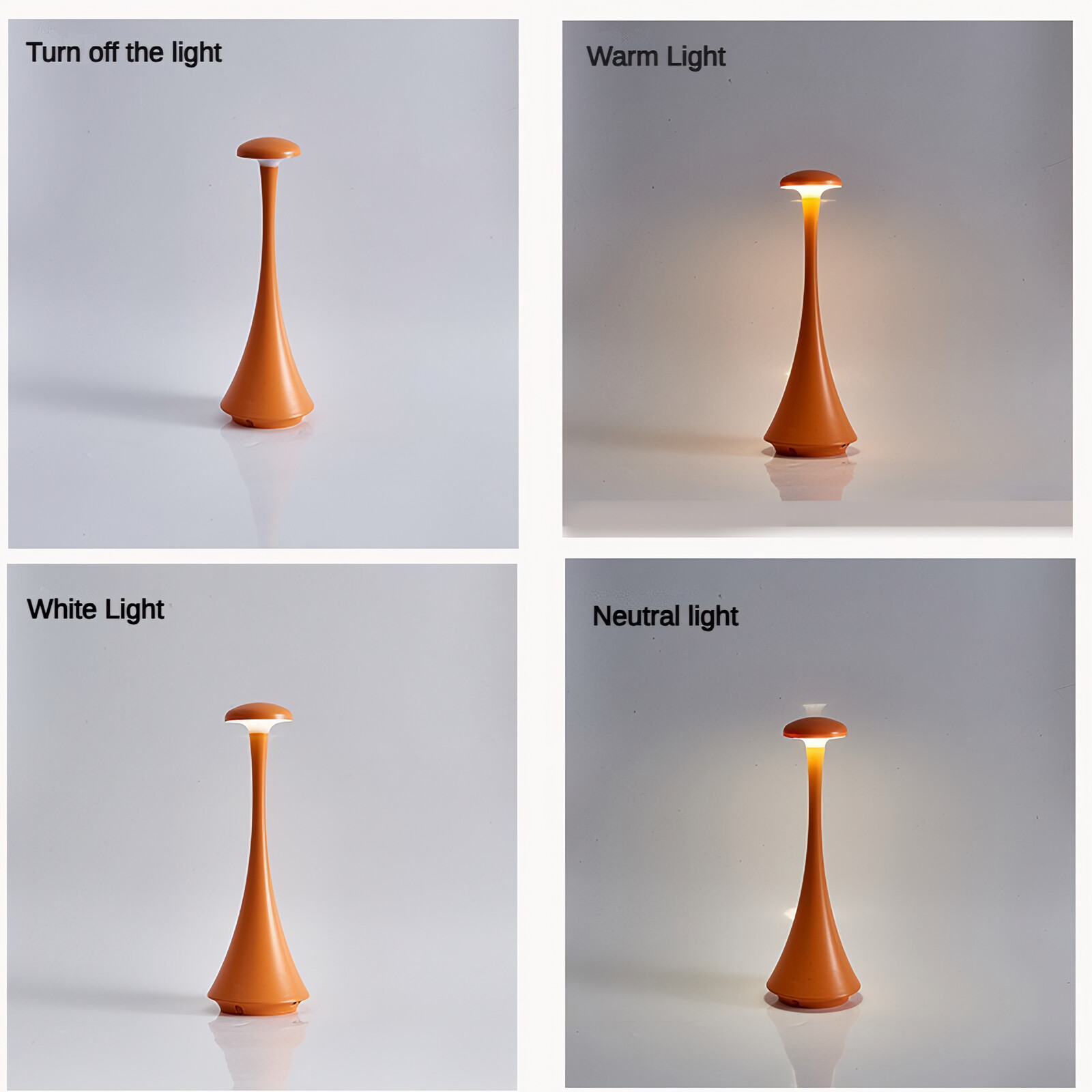 Vier Bilder einer orangefarbenen Lampe mit verschiedenen Lichteinstellungen: aus, warm, weiß und neutral.