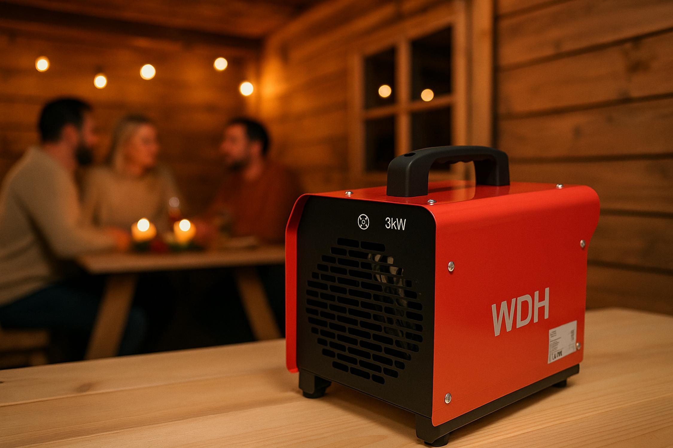 Roter Heizlüfter mit schwarzen Akzenten auf einem Holztisch. Personen im Hintergrund.