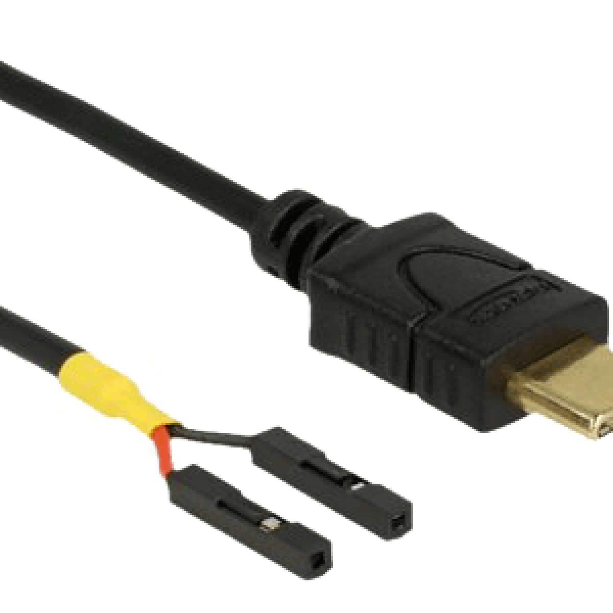 Schwarzes HDMI-Kabel mit Stecker und zwei schwarzen Drähten mit gelben und roten Spitzen.