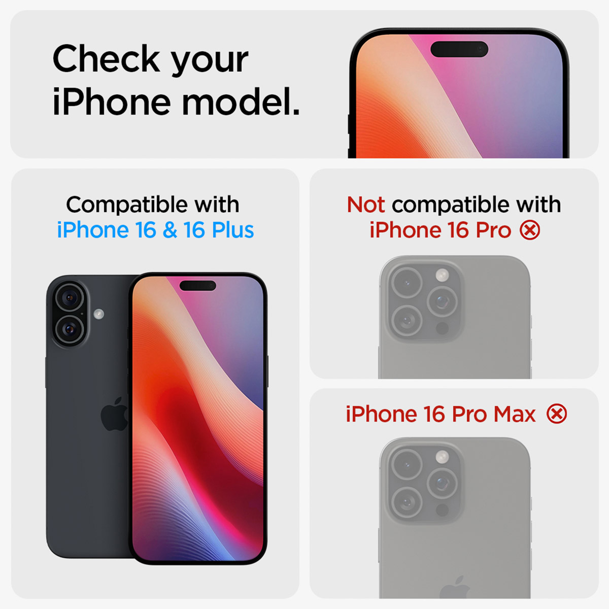 Obraz z modelami iPhone'ów i informacjami o kompatybilności. Kompatybilny z iPhone 16 i 16 Plus, nie z 16 Pro/Max.