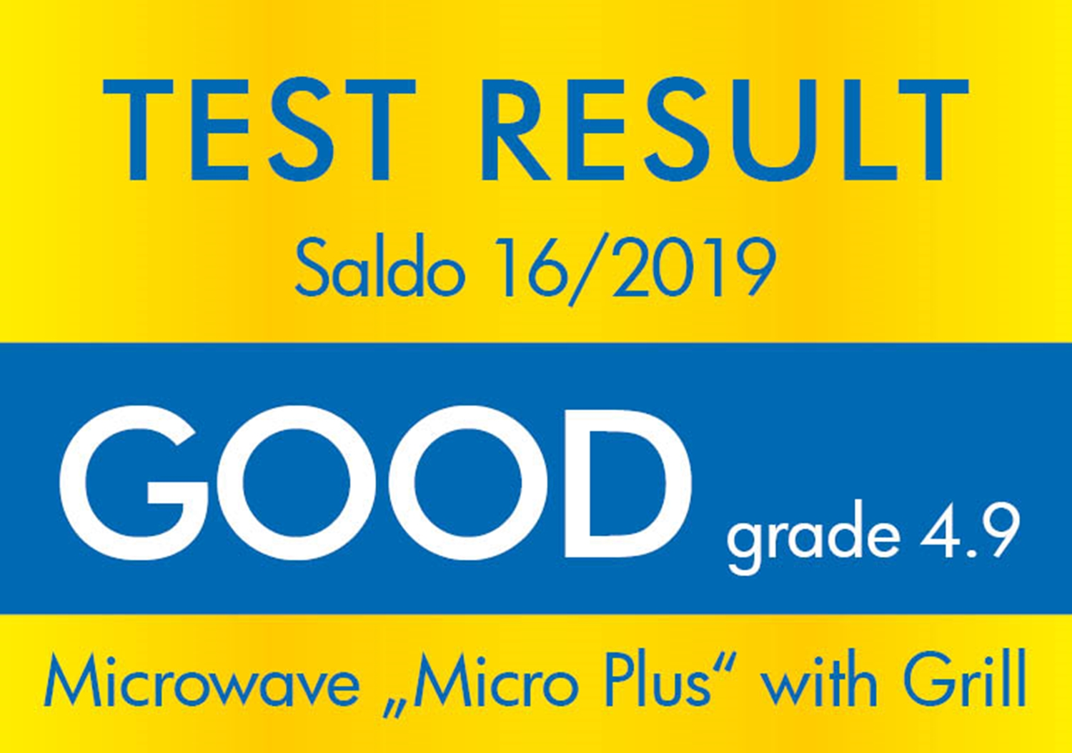 Gelb-blauer Hintergrund mit Text: TEST RESULT, GOOD, Note 4.9, Mikrowelle Micro Plus mit Grill.