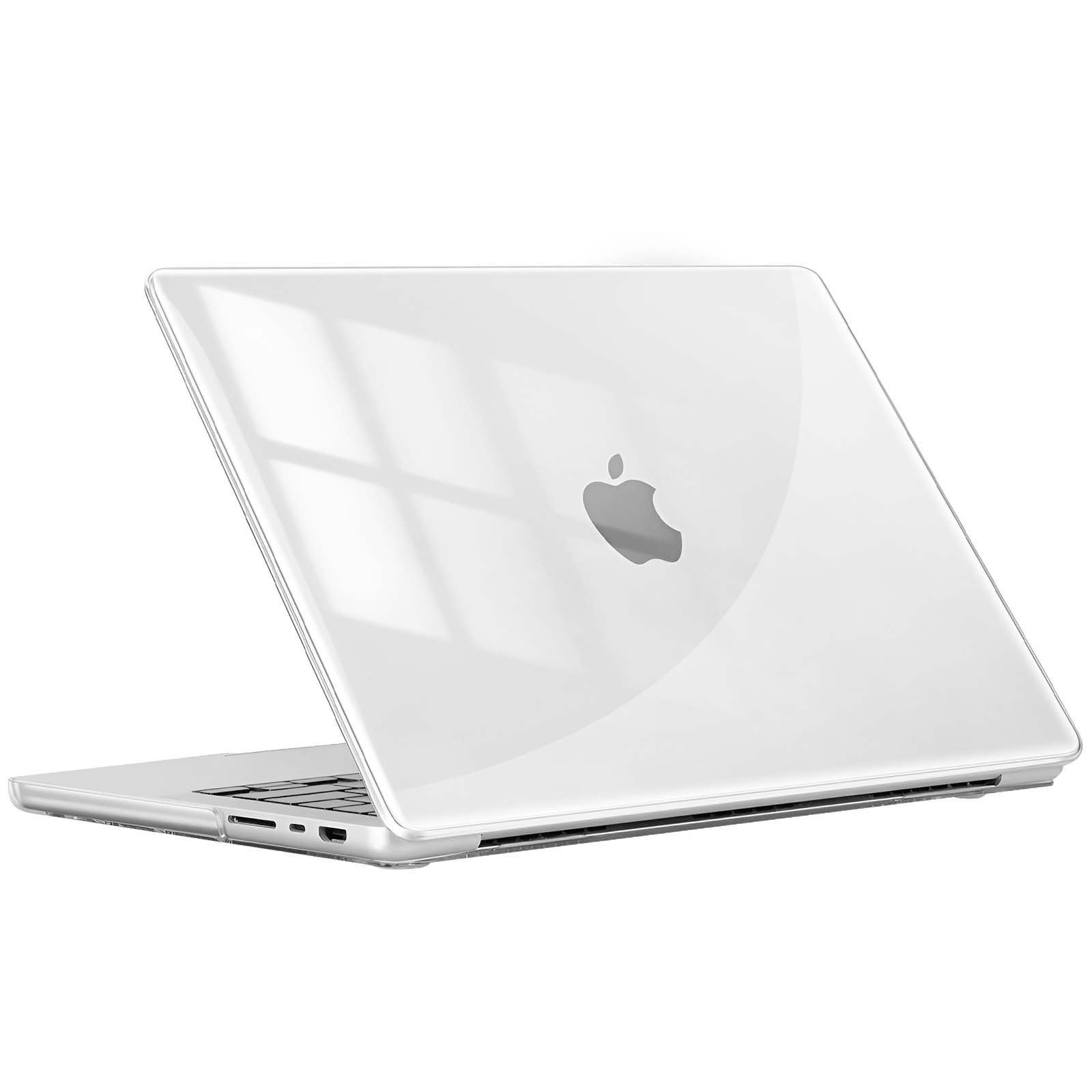 Laptop bianco con logo Apple sul retro. Coperchio aperto.