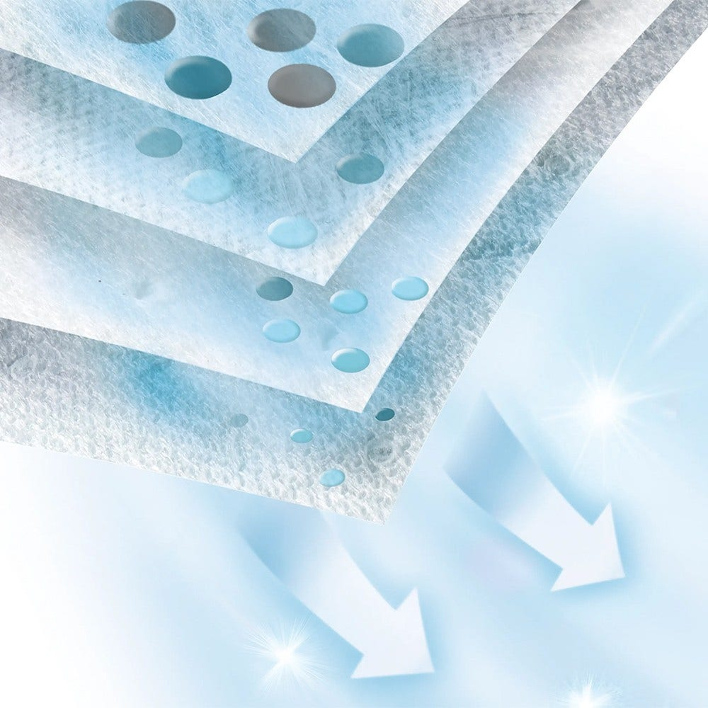 Capas de material filtrante azul claro con gotas de agua y flechas, que sugieren un proceso de filtración.