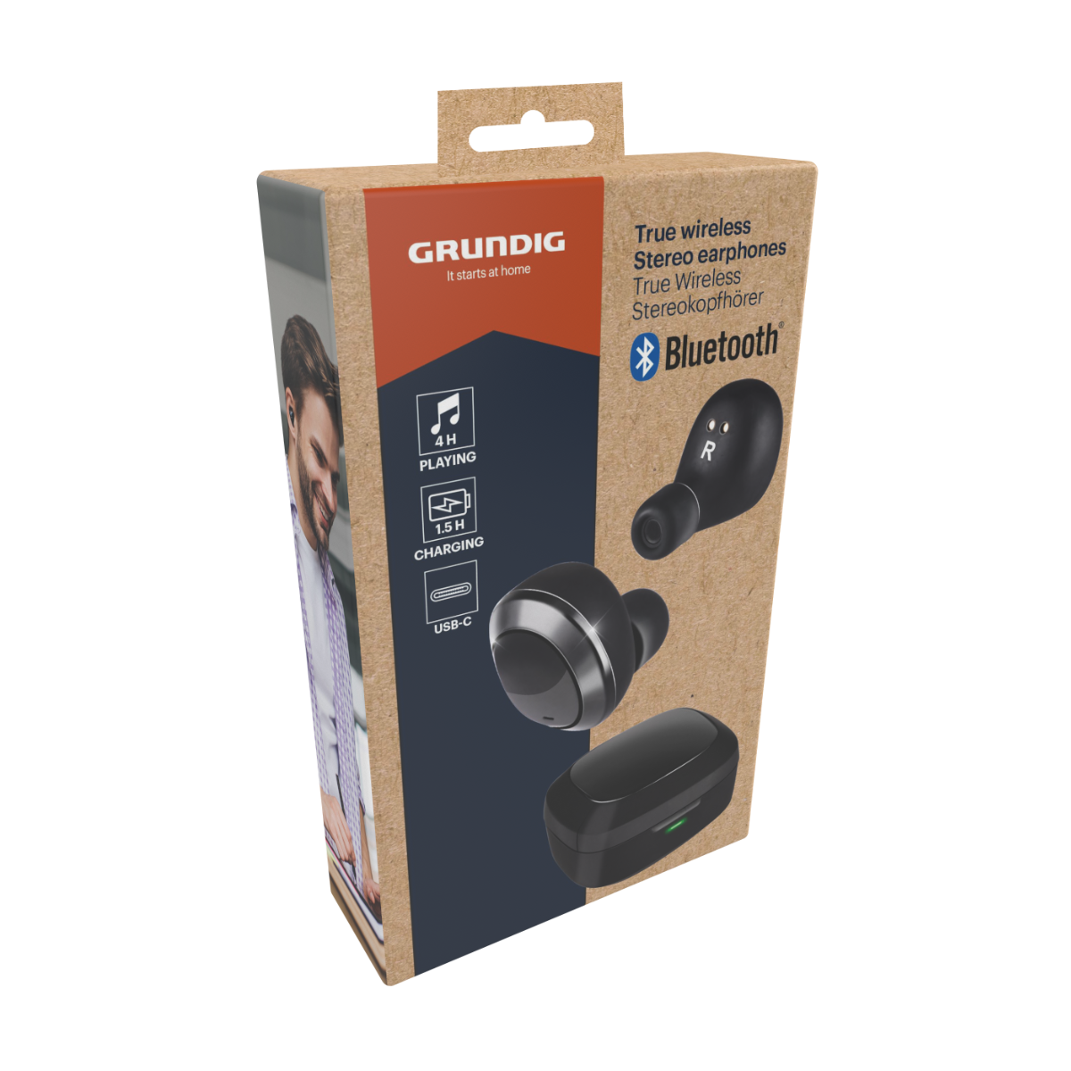 Productdoos van Grundig true wireless stereo oortelefoons met afbeeldingen en specificaties.