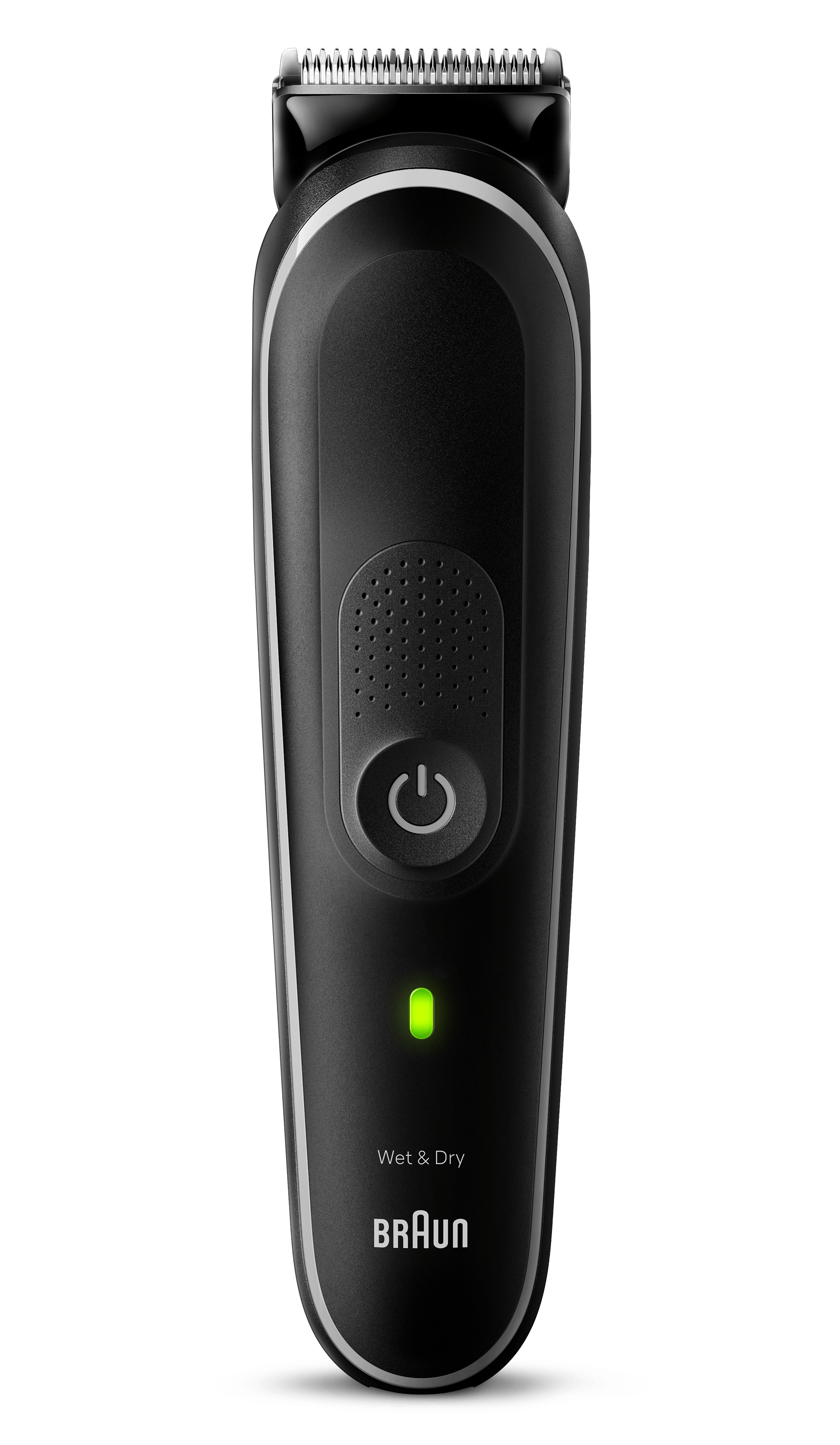 Trimmer per barba Braun nero. Pulsante di accensione, luce verde ed etichetta 'Wet & Dry'.